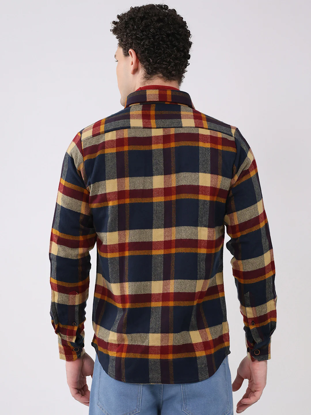Men Navy Blue Check Collar Full Sleeve Shirt - Image 5