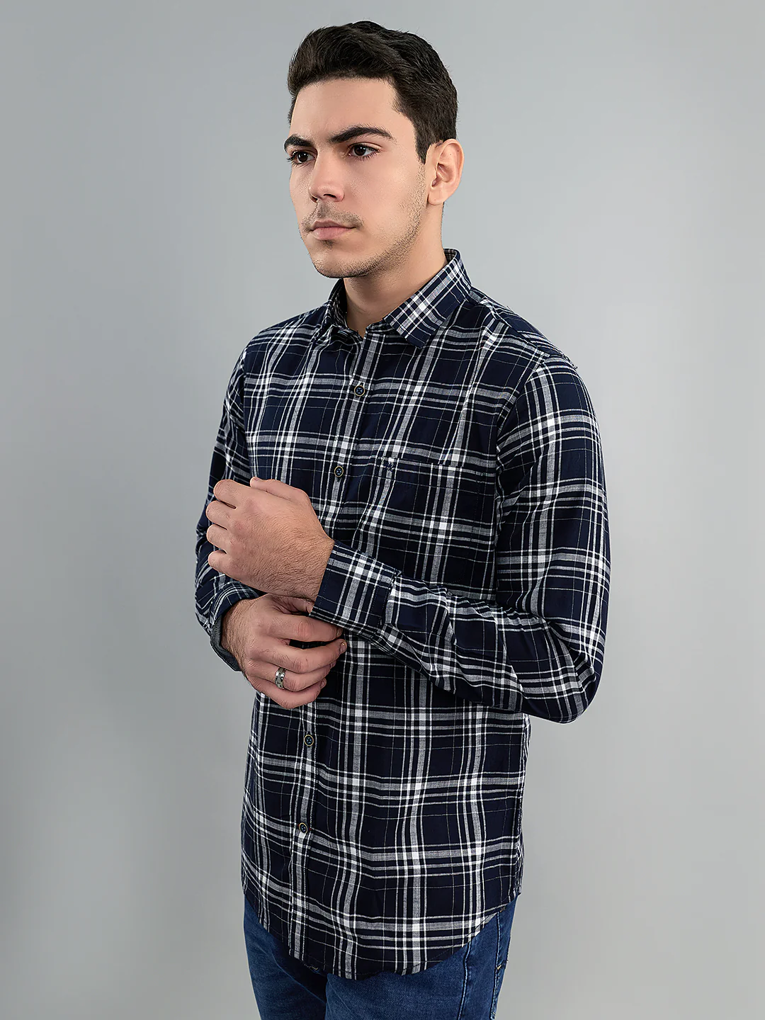 Men Navy Blue Check Collar Full Sleeve Shirt - Image 2