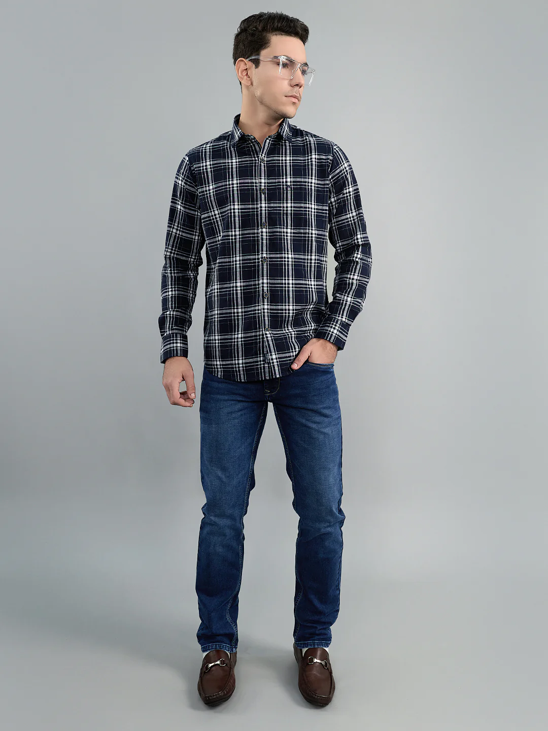 Men Navy Blue Check Collar Full Sleeve Shirt - Image 6