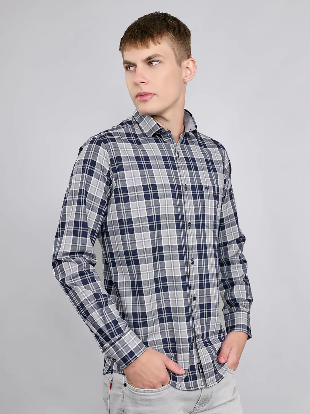 Men Navy Blue Check Collar Full Sleeve Shirt - Image 3