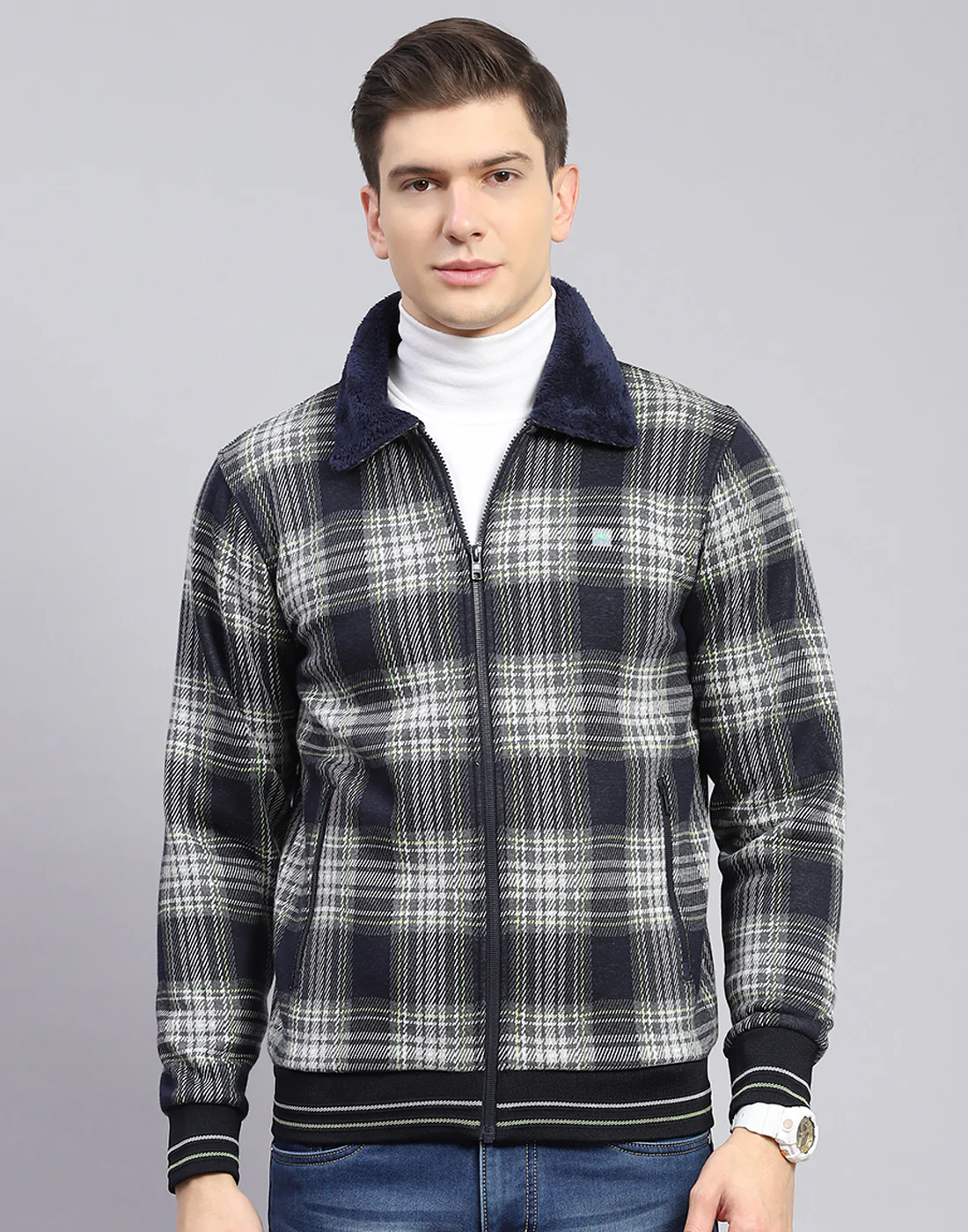 Men Navy Blue Check Collar Full Sleeve Sweatshirt - Image 3