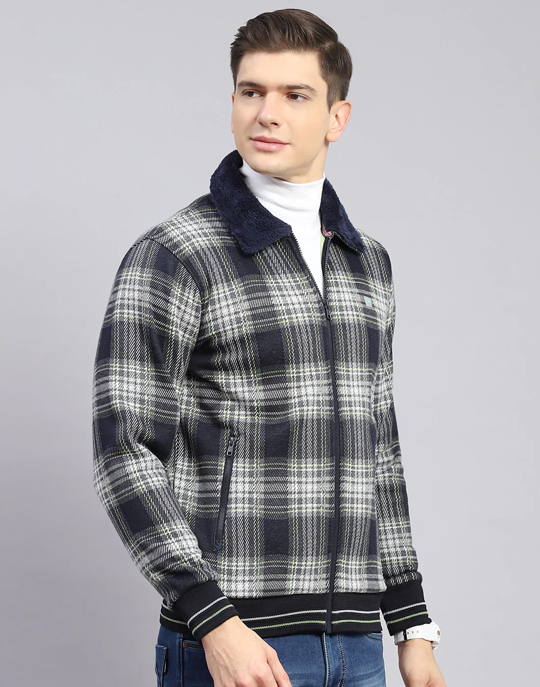 Men Navy Blue Check Collar Full Sleeve Sweatshirt - Image 6