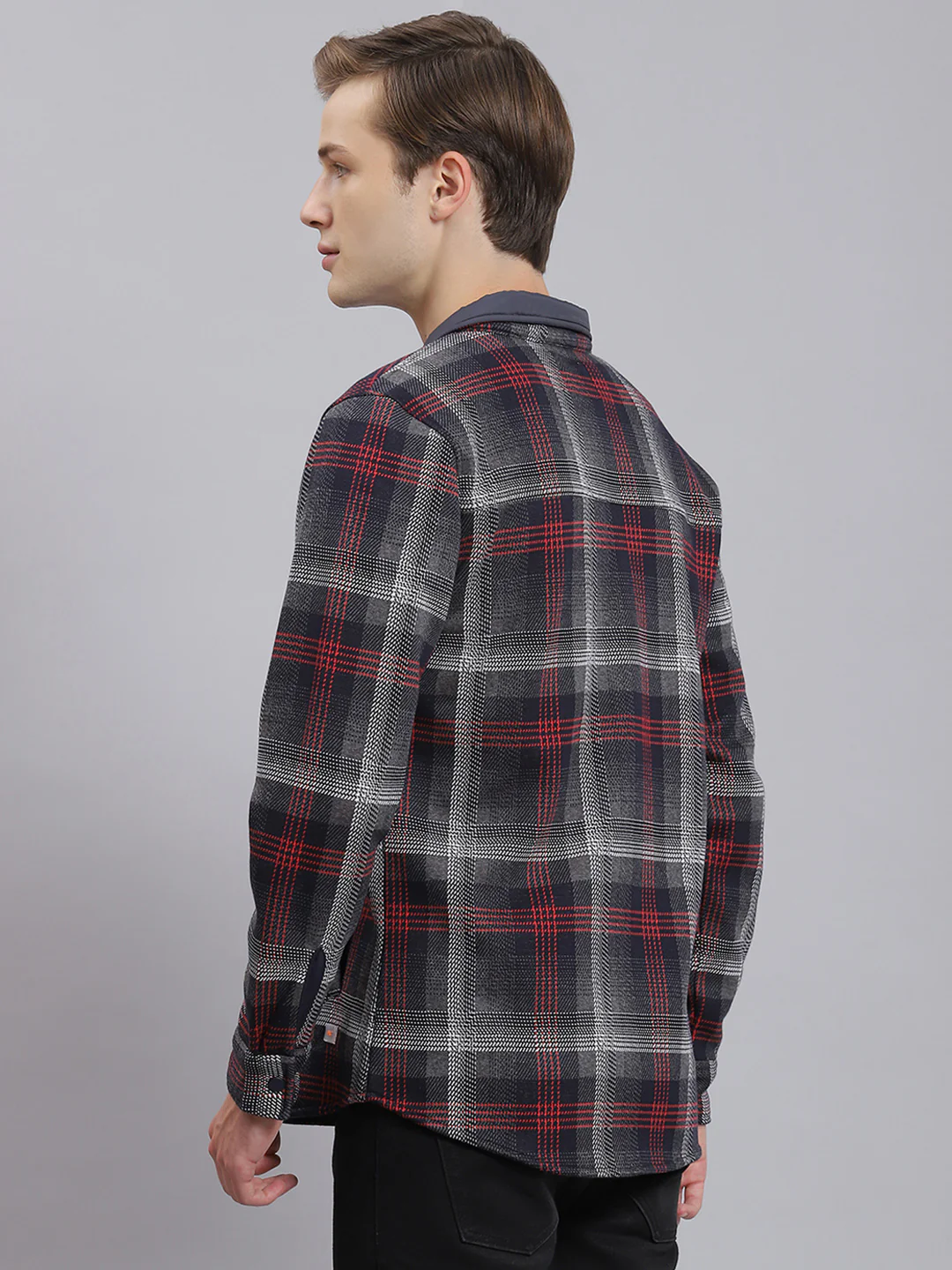 Men Navy Blue Check Collar Full Sleeve Sweatshirt - Image 4