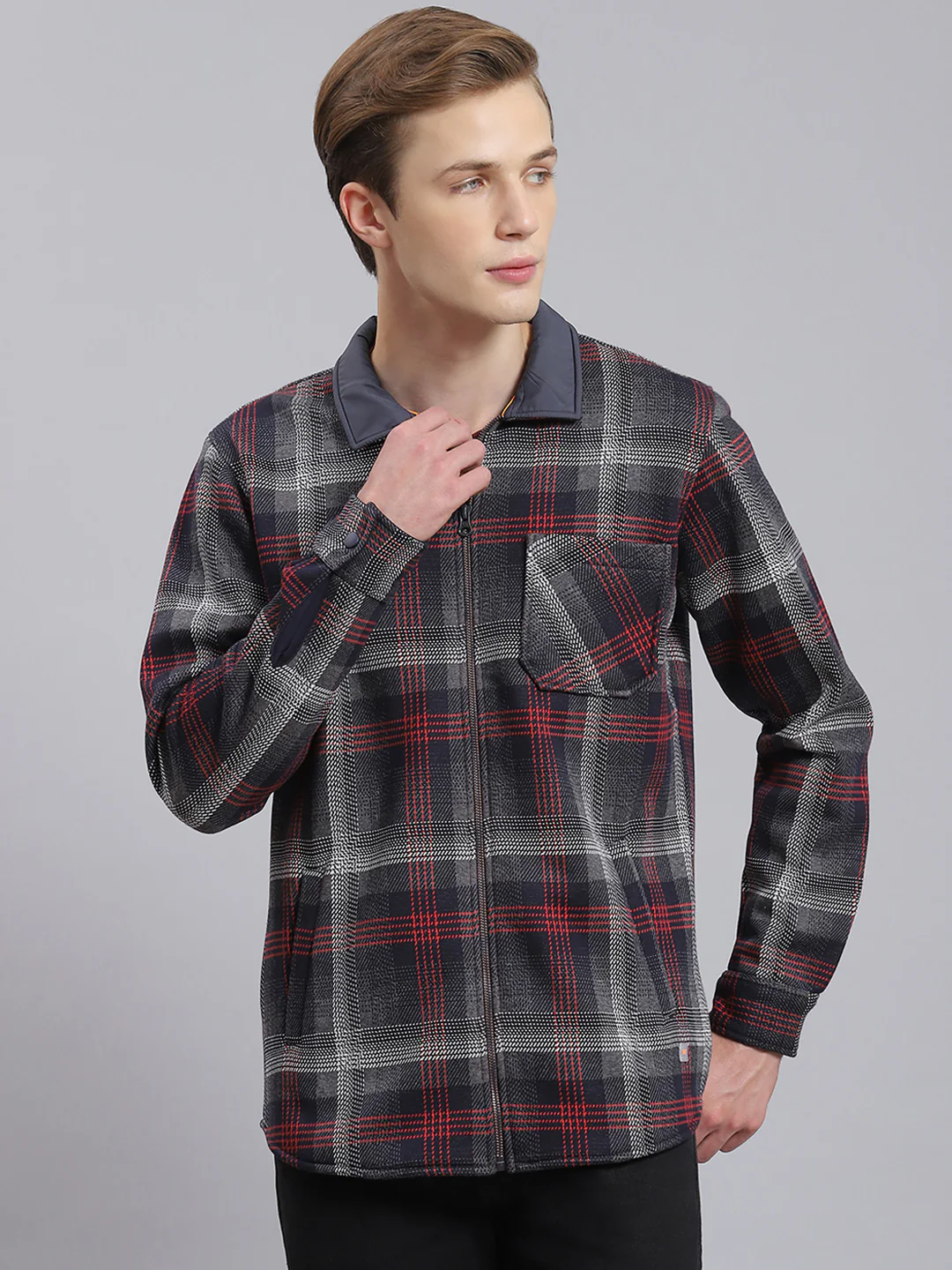 Men Navy Blue Check Collar Full Sleeve Sweatshirt - Image 5
