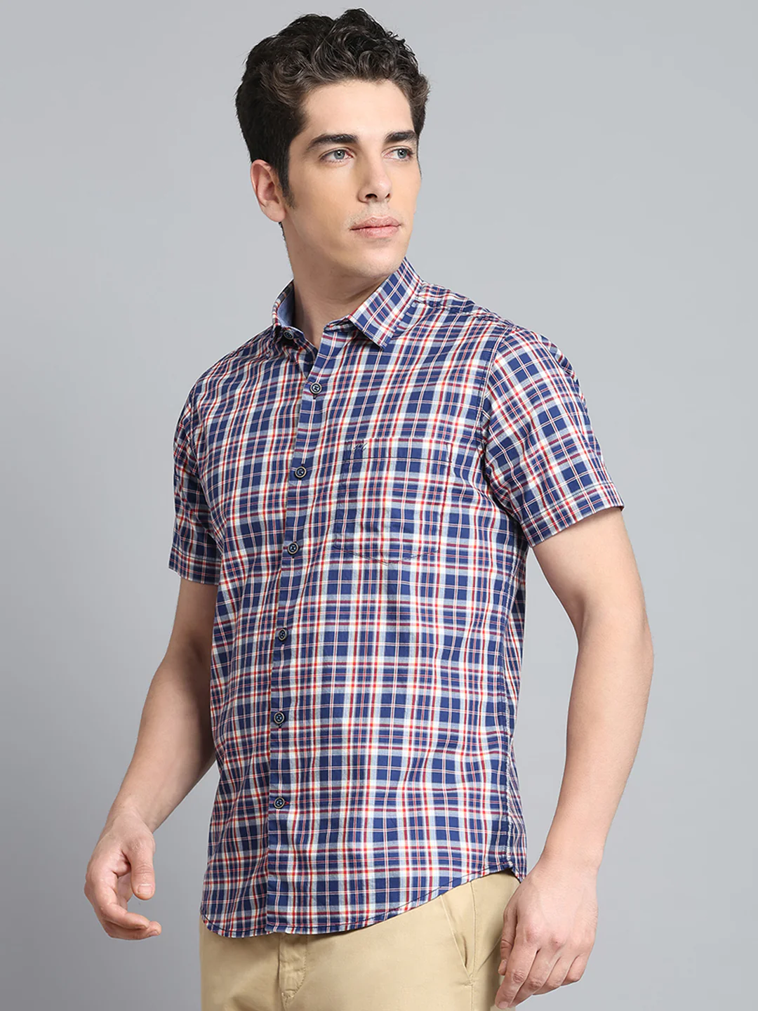 Men Navy Blue Check Collar Half Sleeve Shirt - Image 3