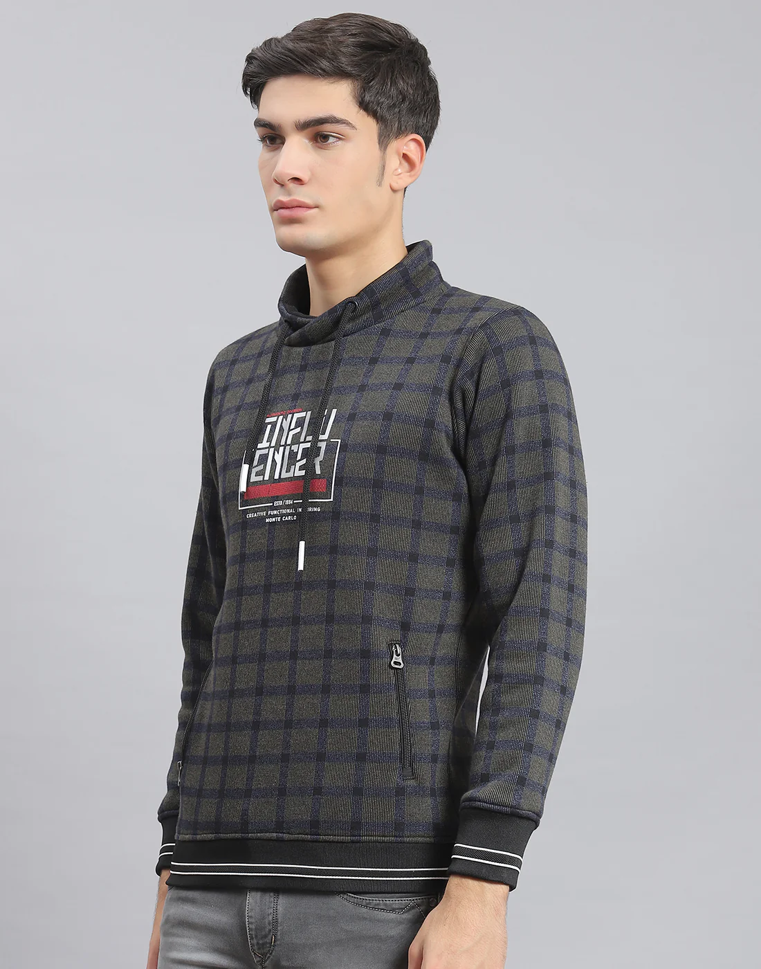 Men Navy Blue Check F Neck Full Sleeve Sweatshirt - Image 3