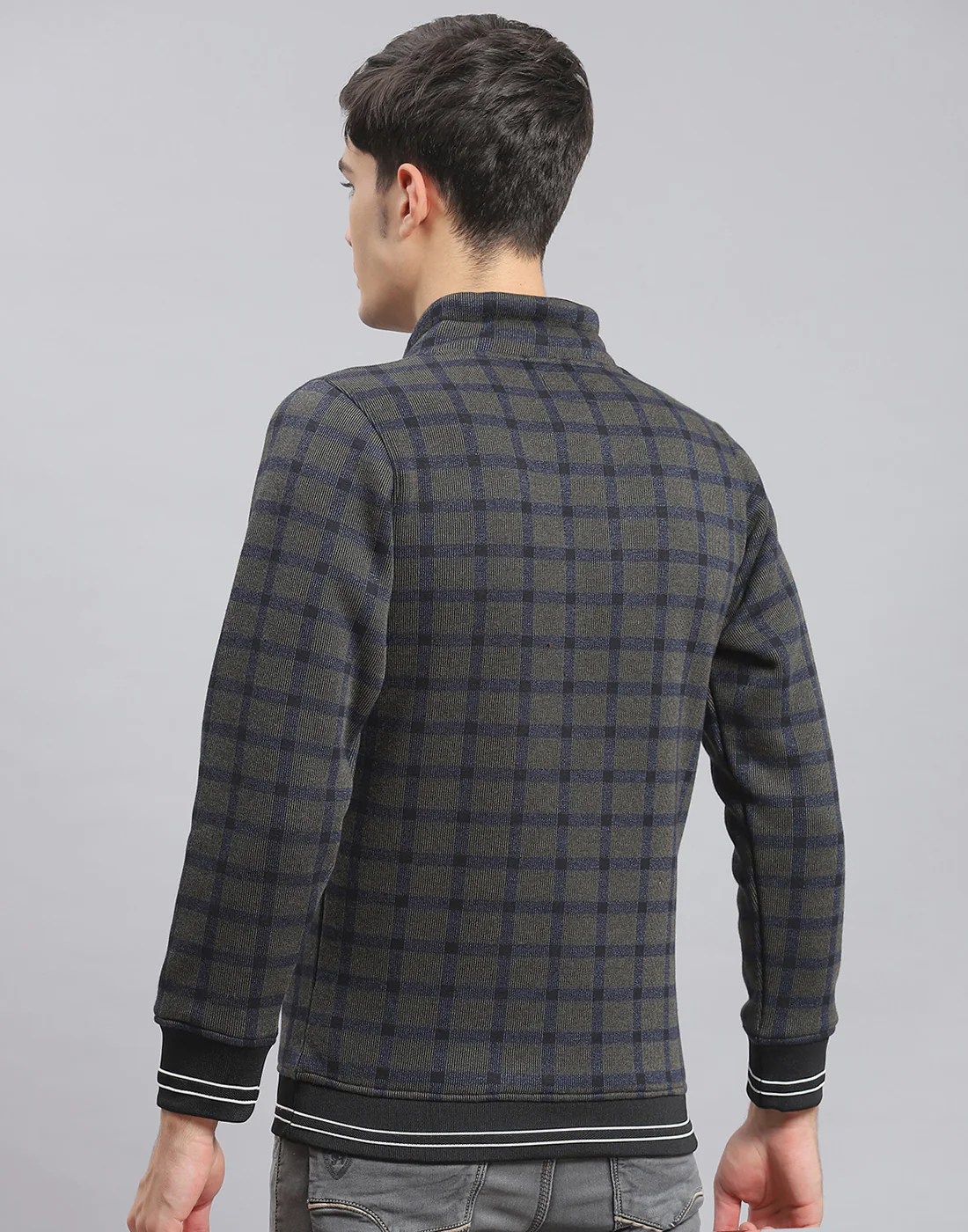 Men Navy Blue Check F Neck Full Sleeve Sweatshirt - Image 5