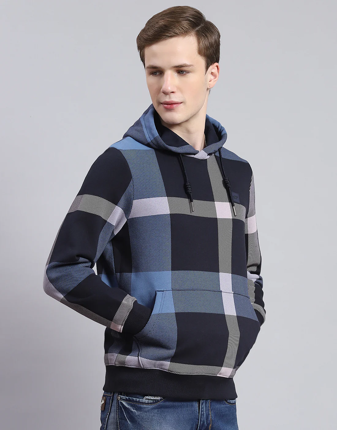 Men Navy Blue Check Hooded Full Sleeve Sweatshirt - Image 5