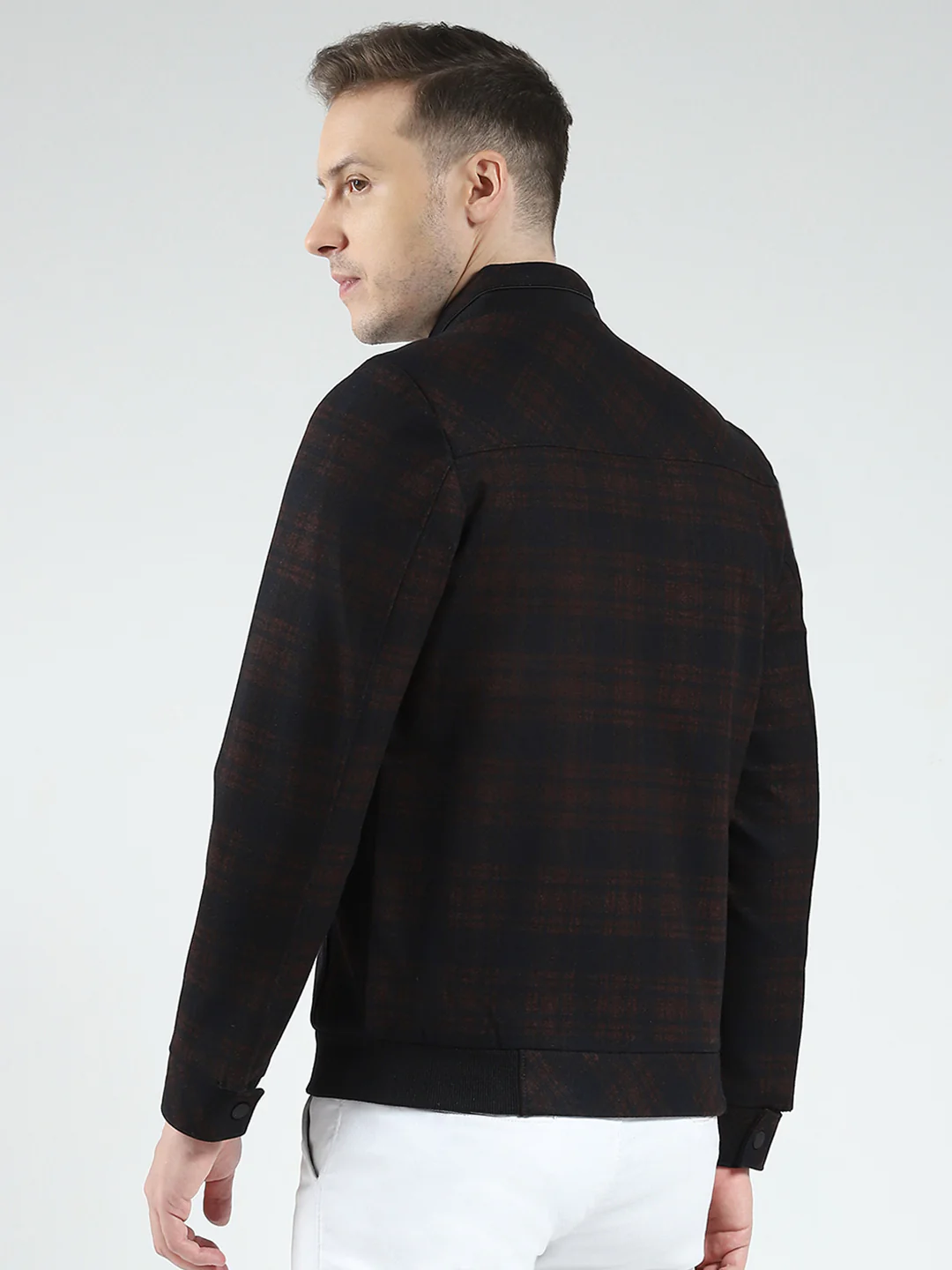 Men Navy Blue Check Mock Neck Full Sleeve Coat - Image 5