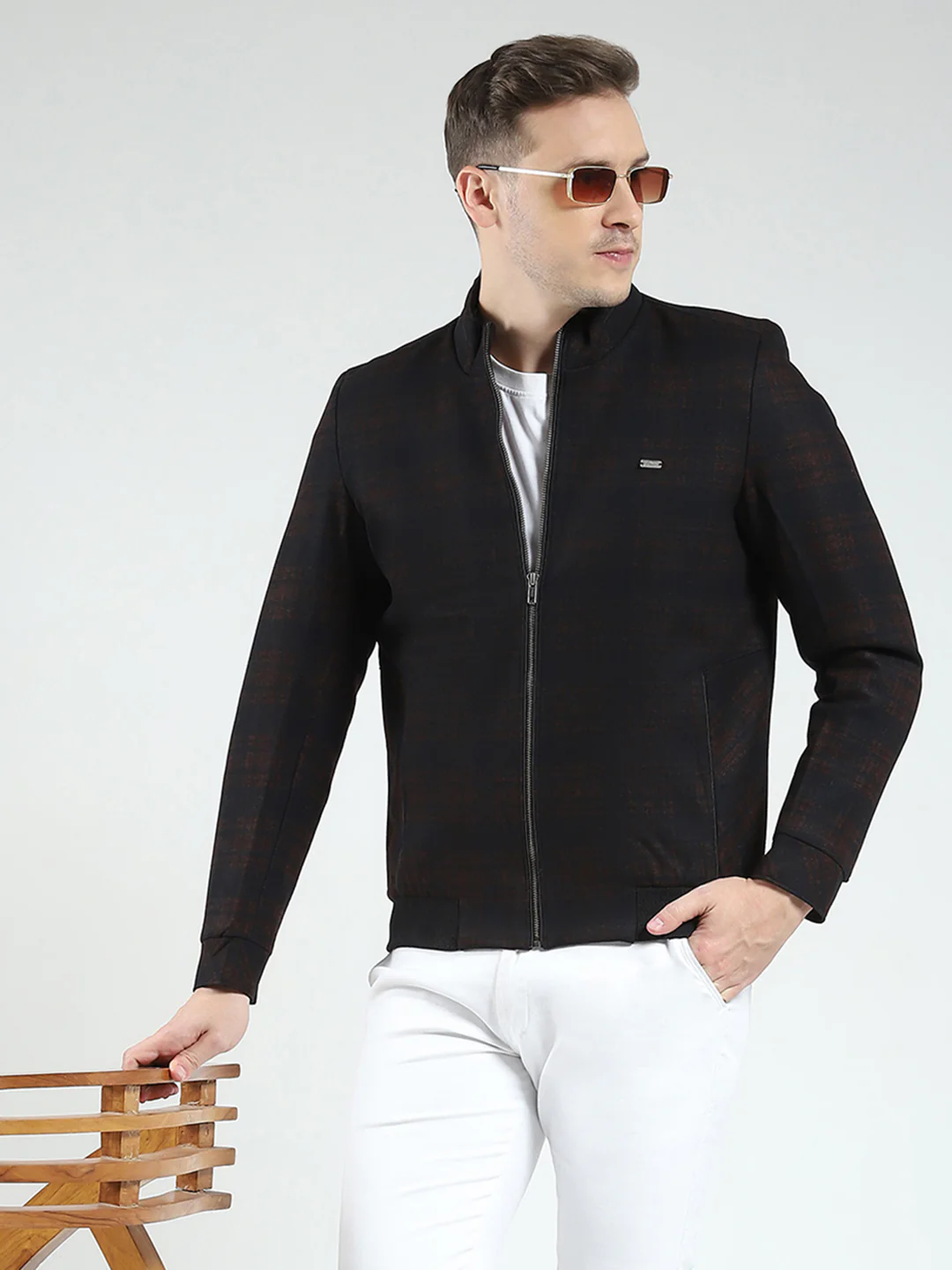 Men Navy Blue Check Mock Neck Full Sleeve Coat - Image 6