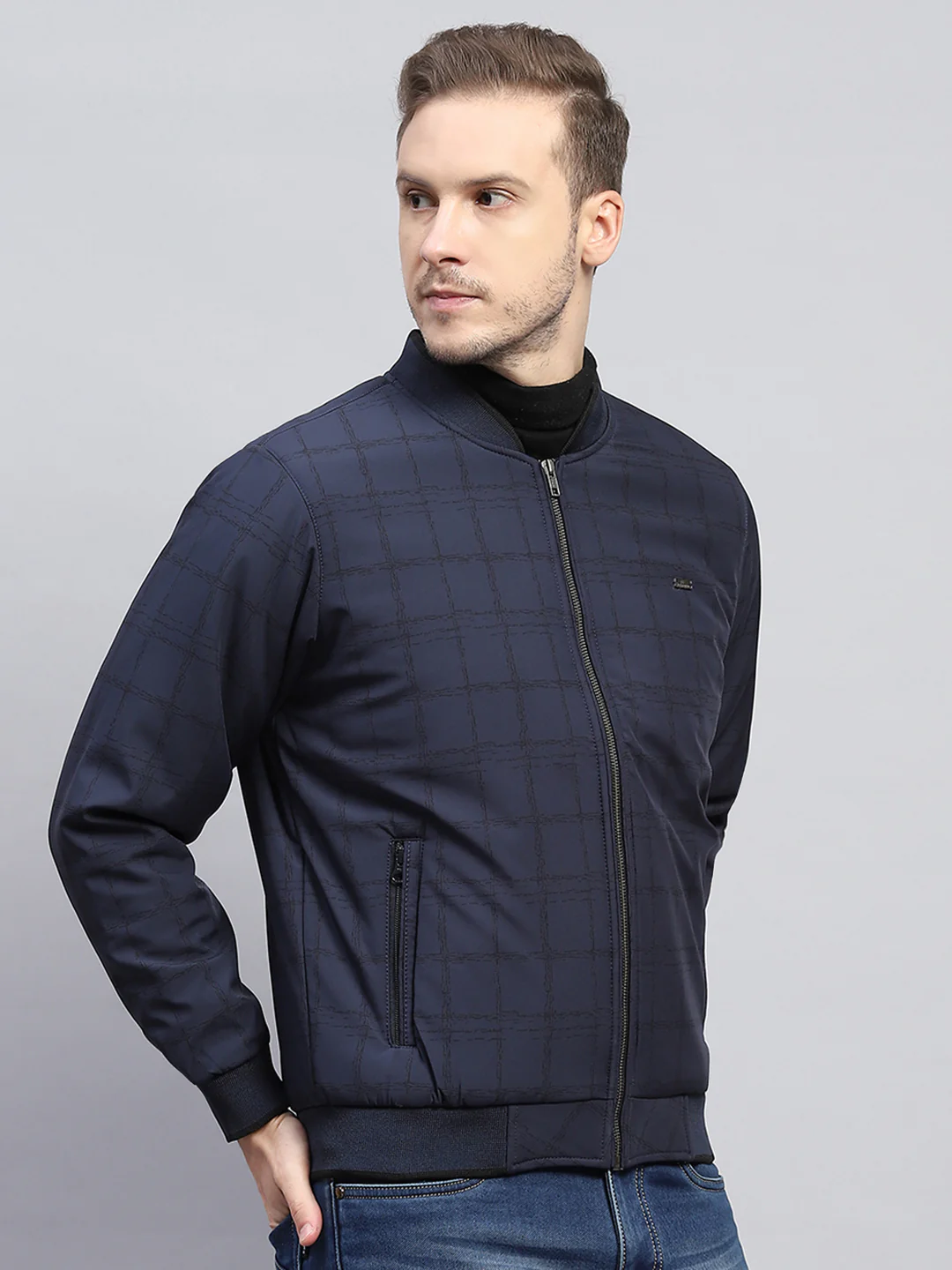 Men Navy Blue Check Mock Neck Full Sleeve Jacket - Image 4