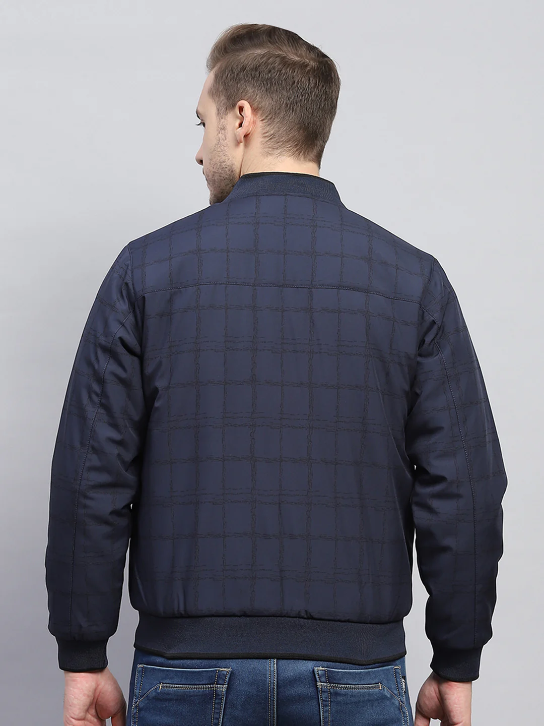 Men Navy Blue Check Mock Neck Full Sleeve Jacket - Image 5