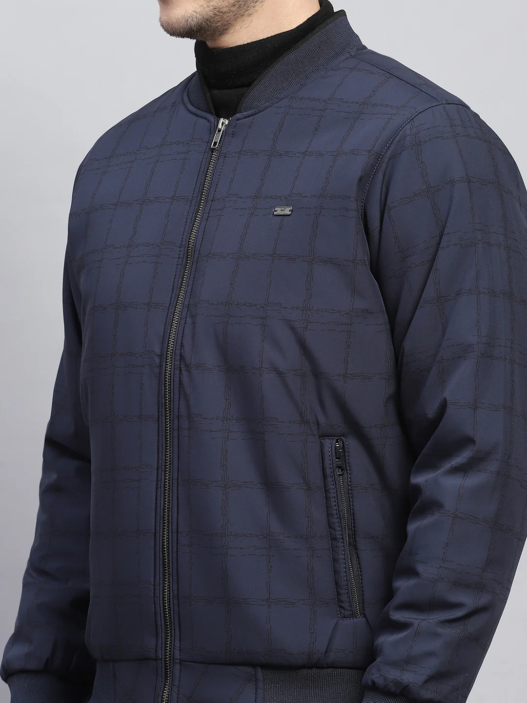 Men Navy Blue Check Mock Neck Full Sleeve Jacket - Image 6
