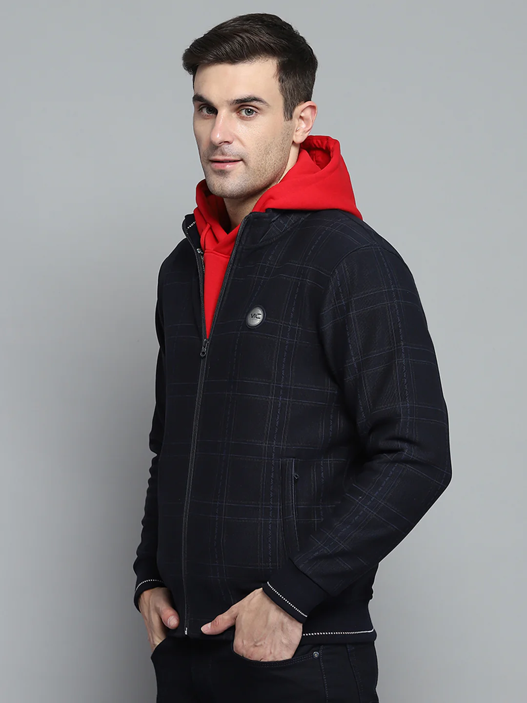 Men Navy Blue Check Mock Neck Full Sleeve Jacket - Image 3