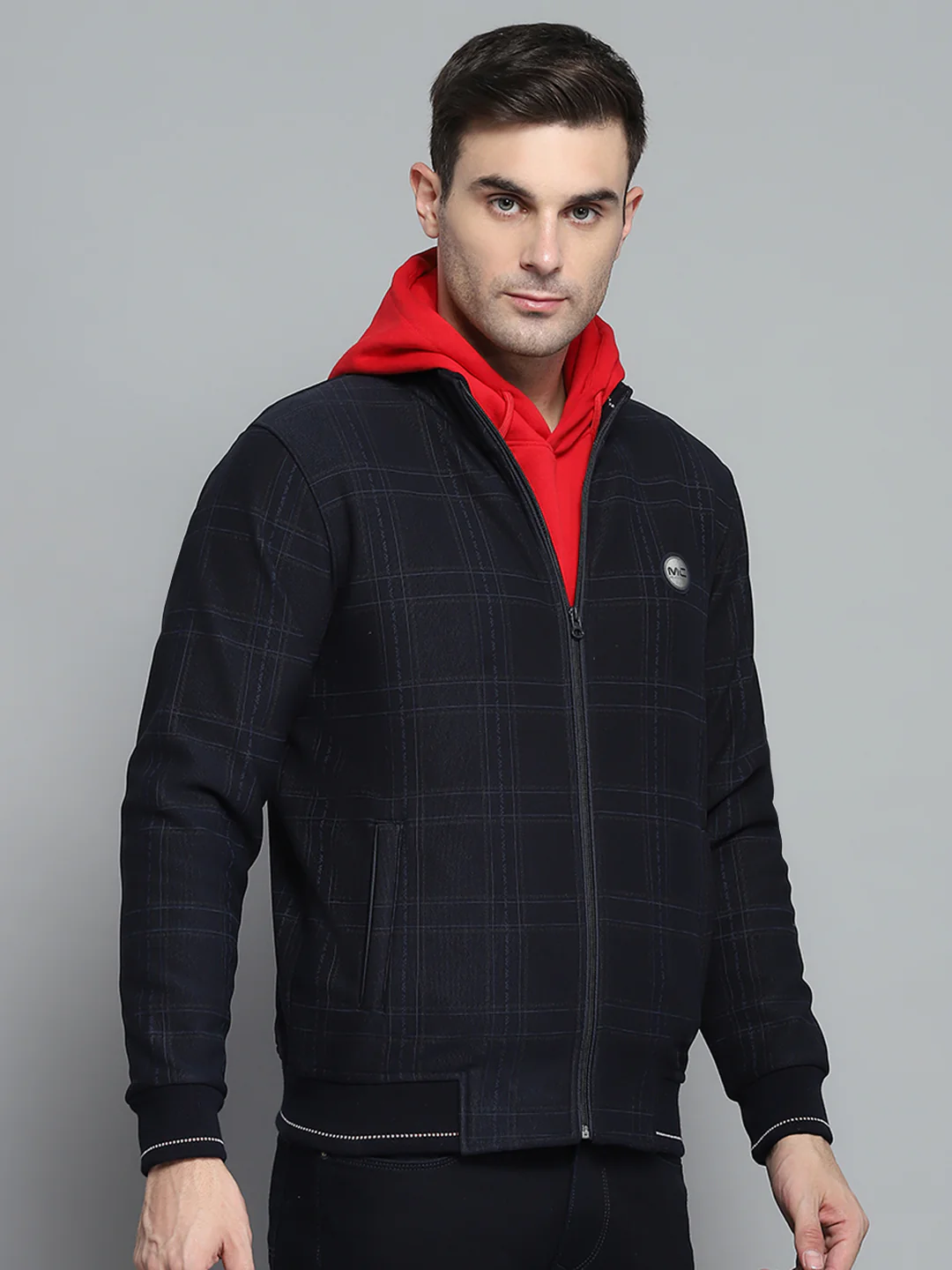 Men Navy Blue Check Mock Neck Full Sleeve Jacket - Image 4