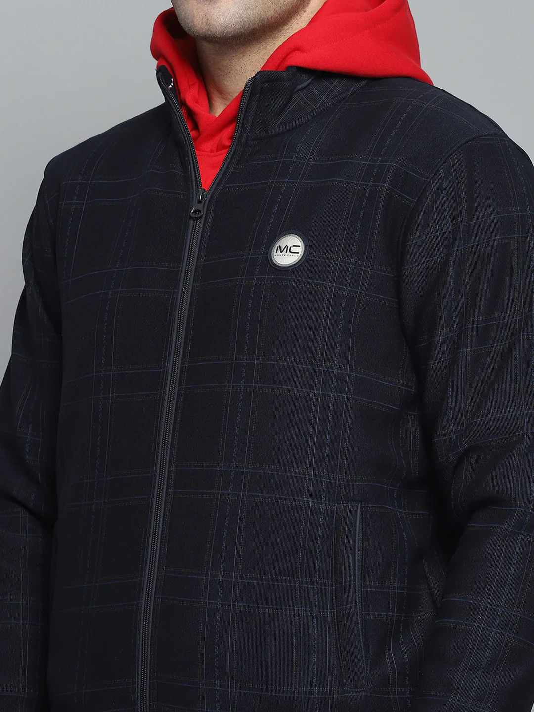 Men Navy Blue Check Mock Neck Full Sleeve Jacket - Image 7