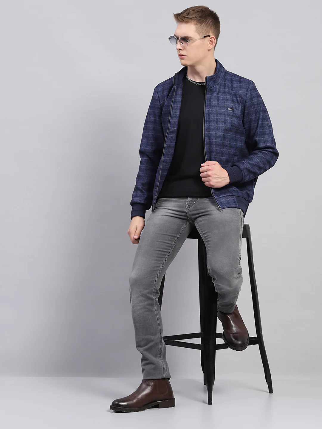 Men Navy Blue Check Mock Neck Full Sleeve Jacket - Image 2