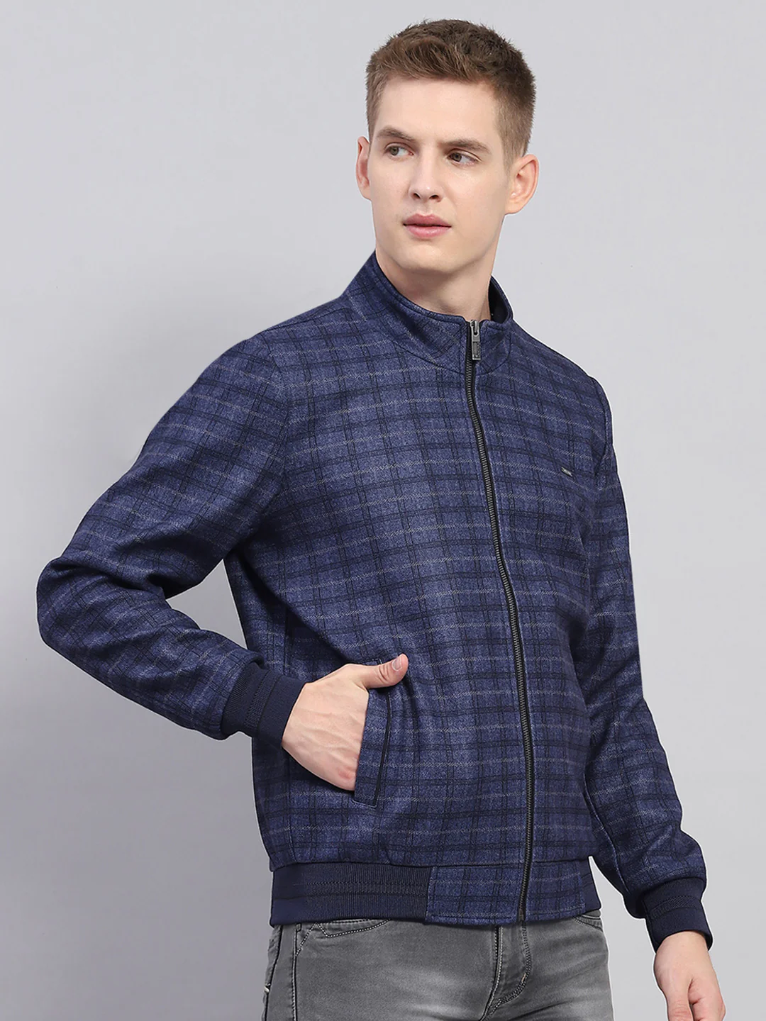 Men Navy Blue Check Mock Neck Full Sleeve Jacket - Image 4