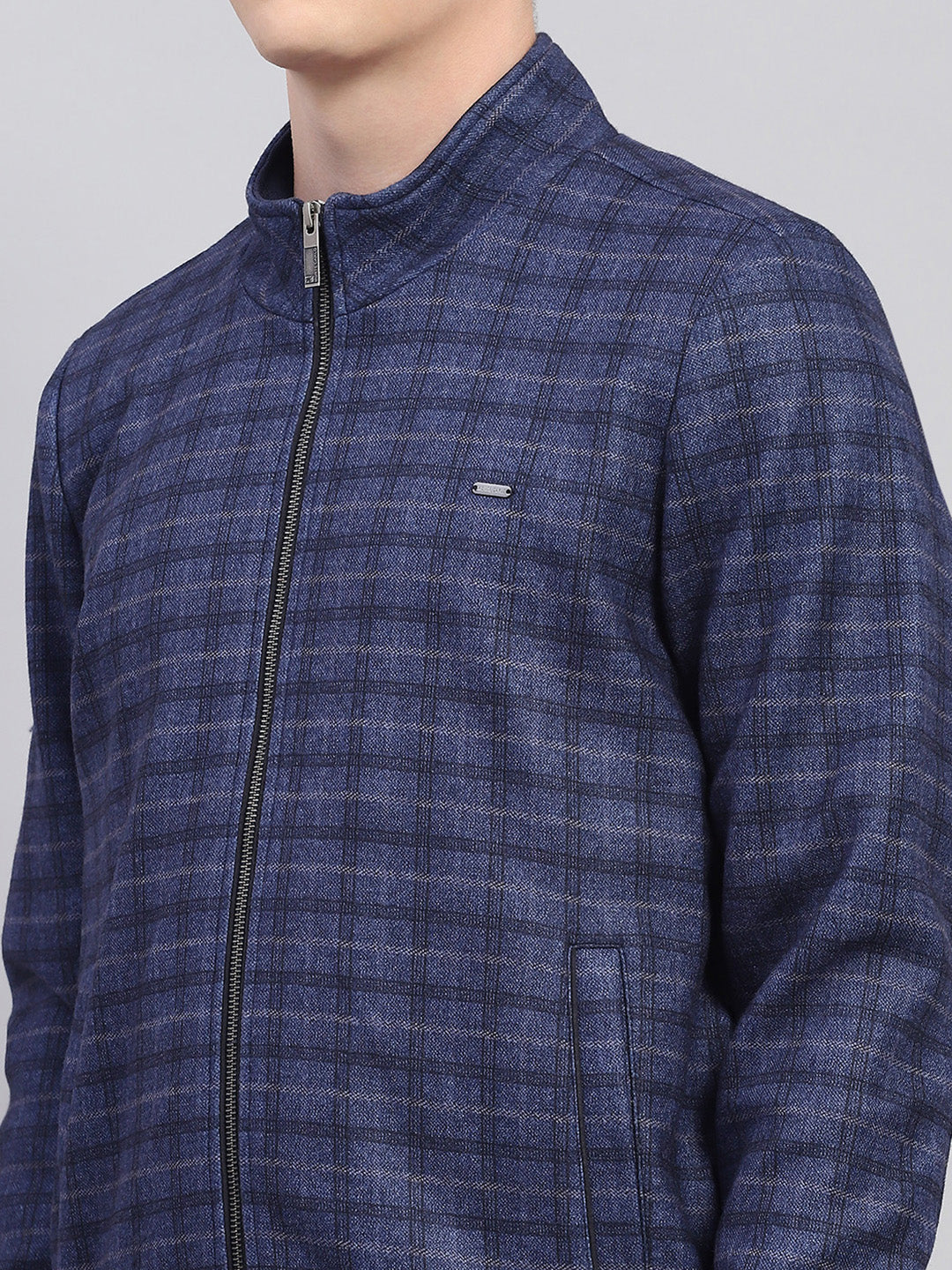 Men Navy Blue Check Mock Neck Full Sleeve Jacket - Image 7