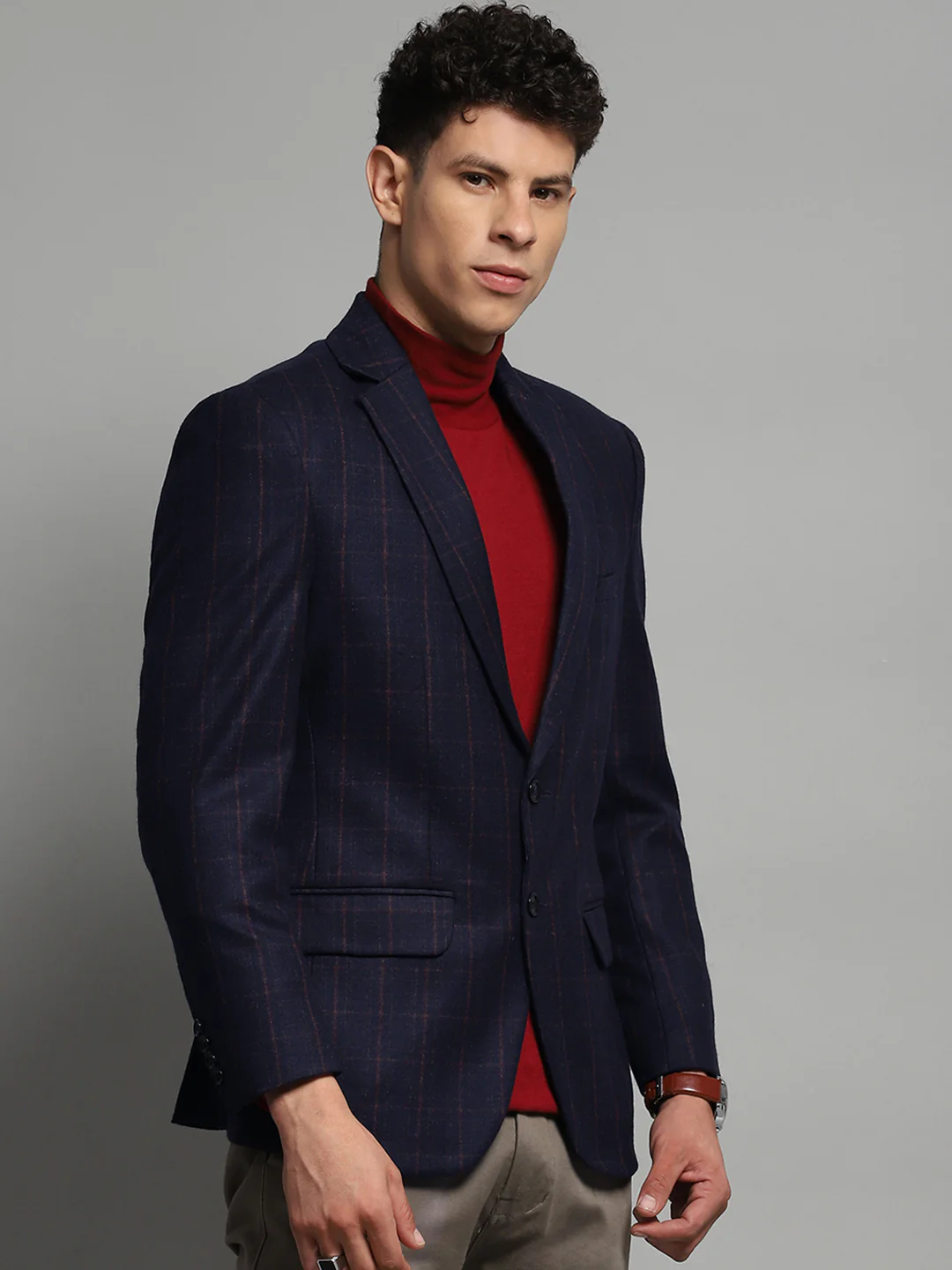 Luxuria Men Navy Blue Check Notch Lapel Collar Full Sleeve Blazer - Image 4