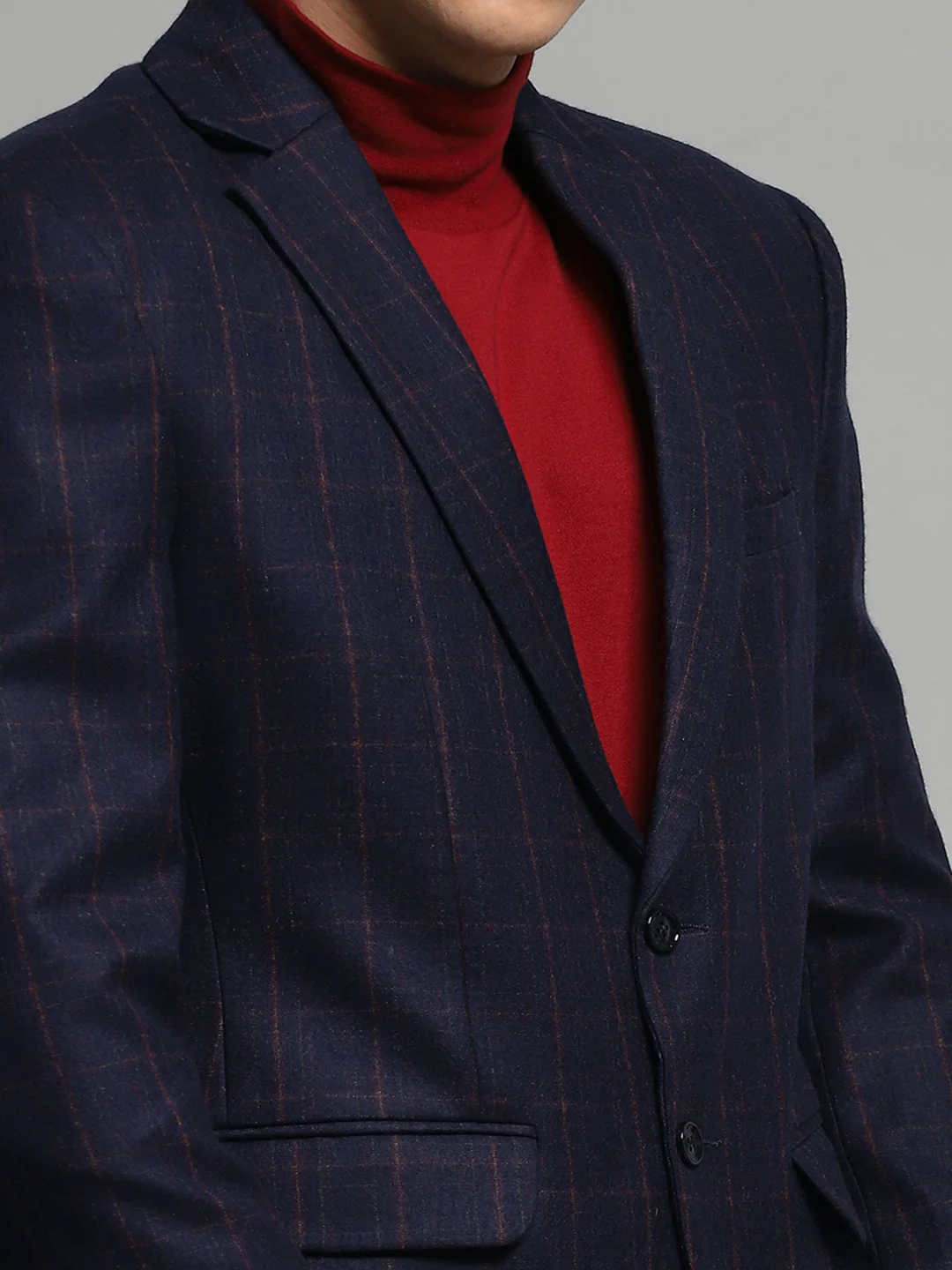 Luxuria Men Navy Blue Check Notch Lapel Collar Full Sleeve Blazer - Image 6
