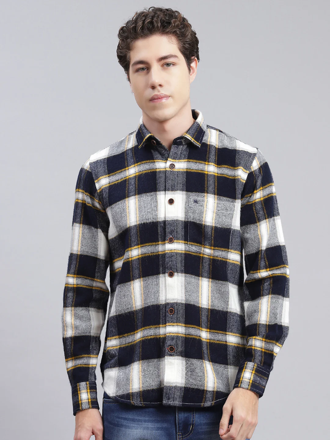 Men Navy Blue Check Poly Acrylic Shirt - Image 2
