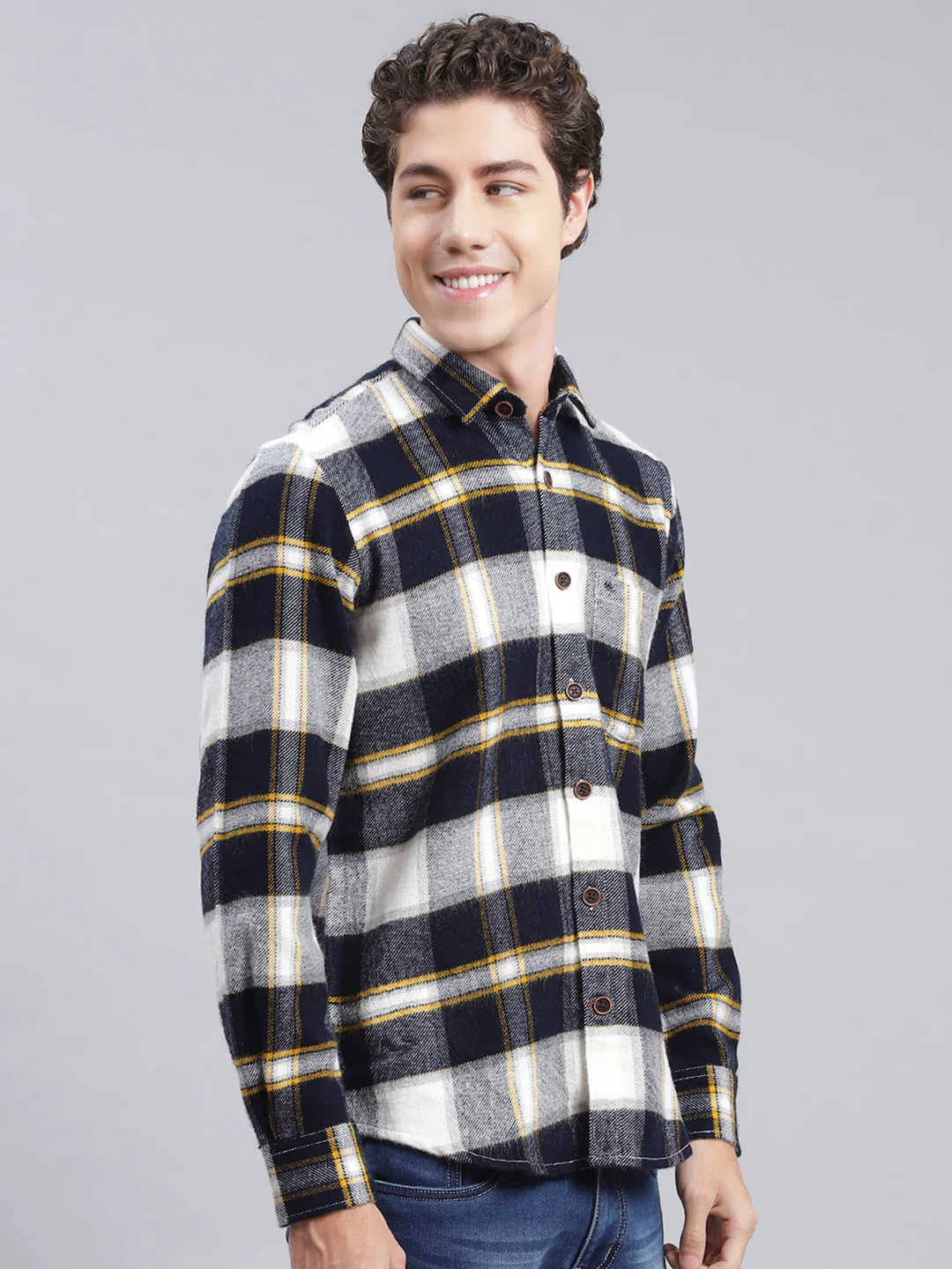 Men Navy Blue Check Poly Acrylic Shirt - Image 3