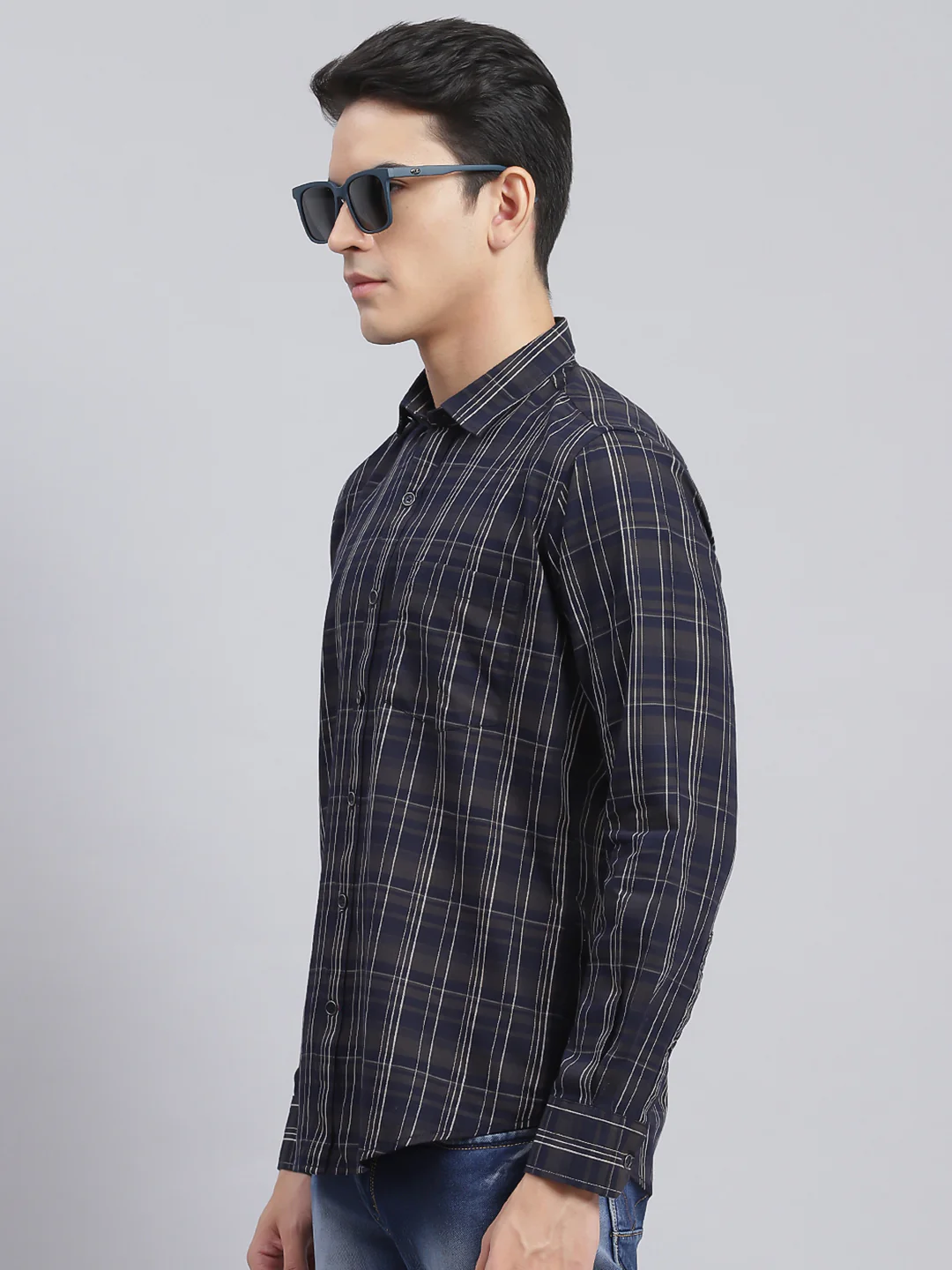 Men Navy Blue Check Pure Cotton Shirt - Image 4