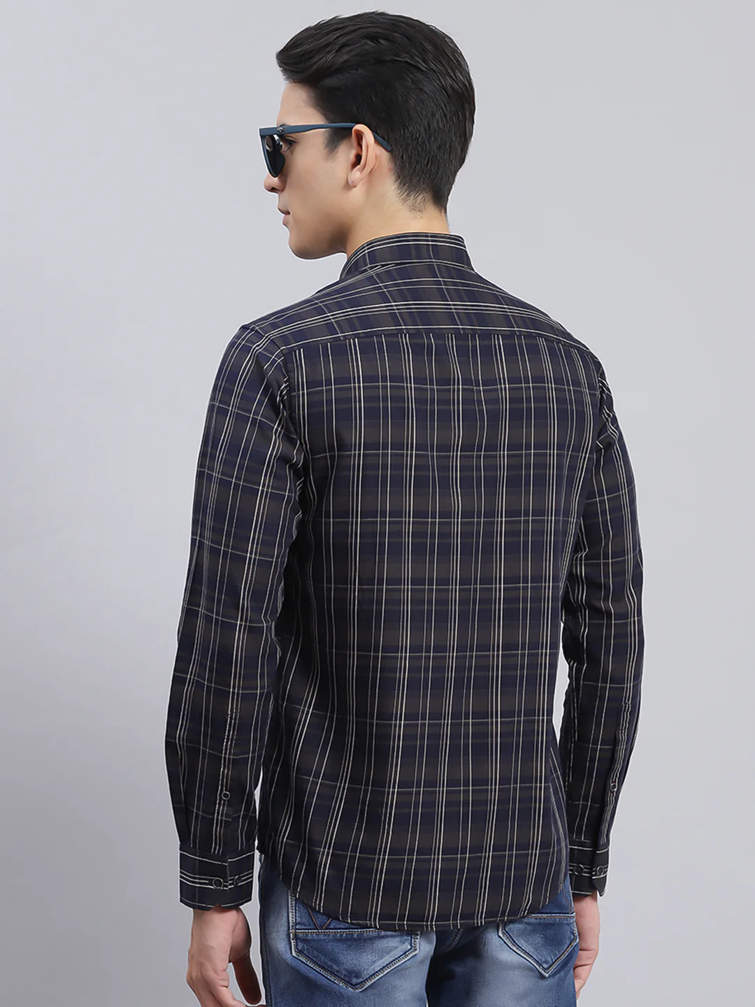 Men Navy Blue Check Pure Cotton Shirt - Image 5