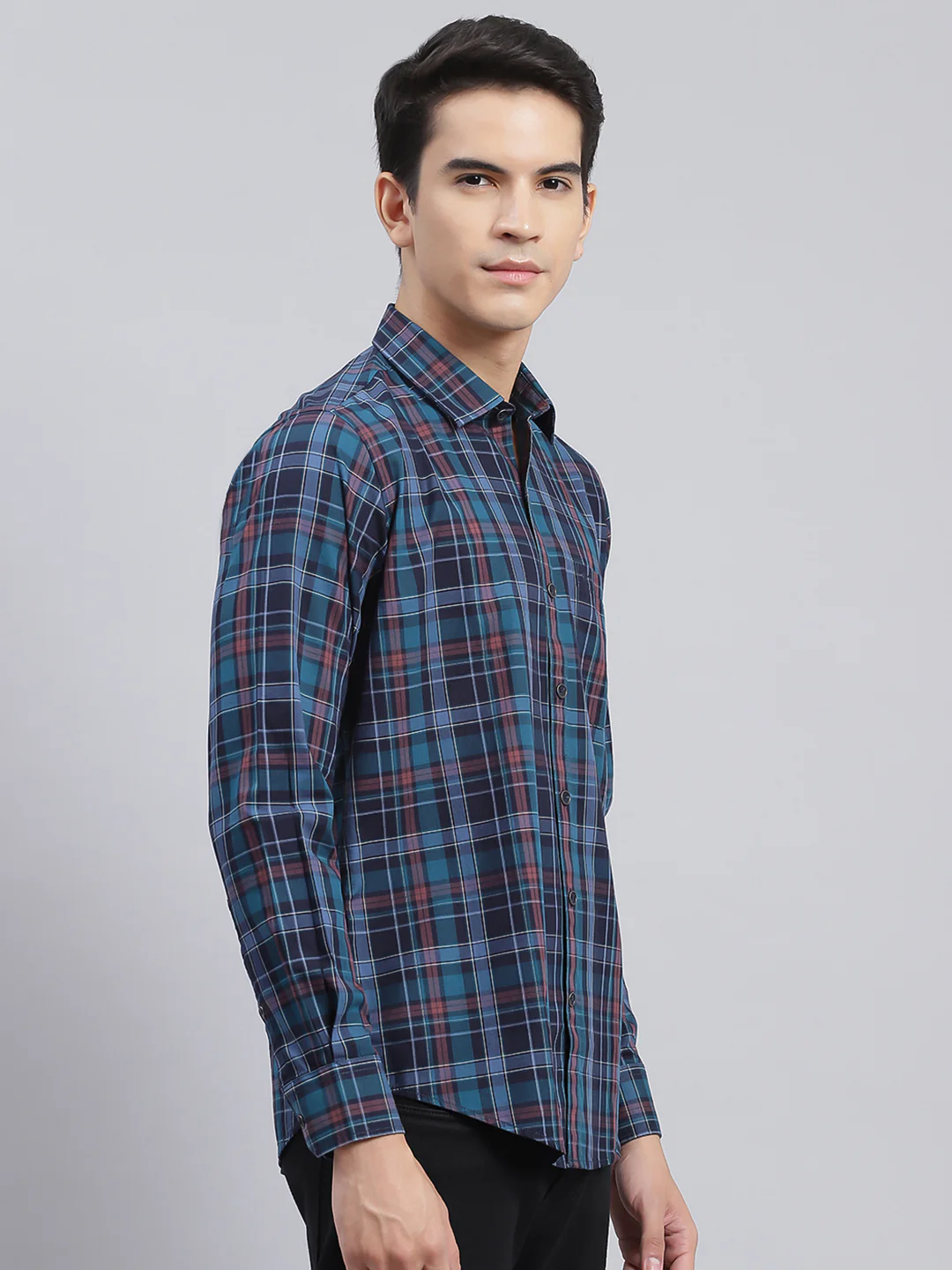 Men Navy Blue Check Pure Cotton Shirt - Image 2