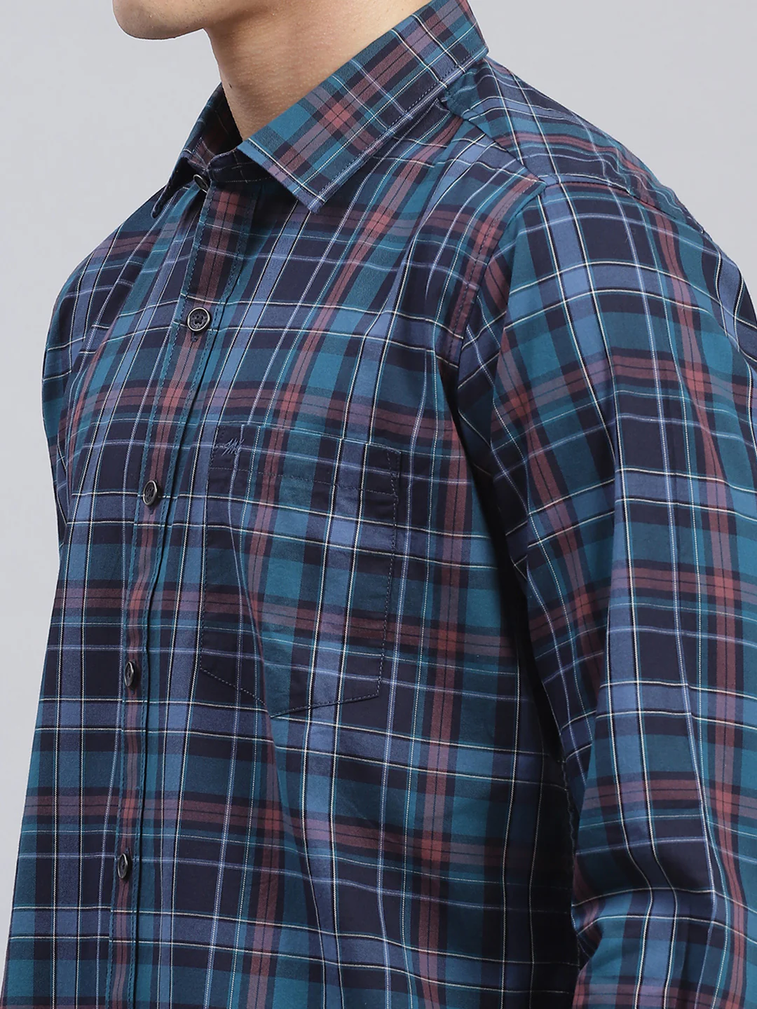 Men Navy Blue Check Pure Cotton Shirt - Image 6