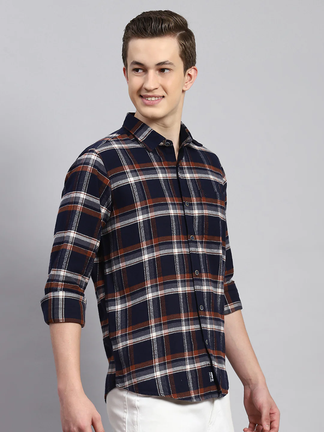 Men Navy Blue Check Shirt - Image 3
