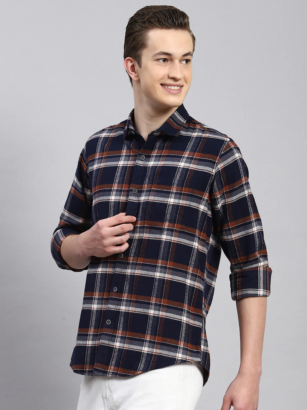 Men Navy Blue Check Shirt - Image 4