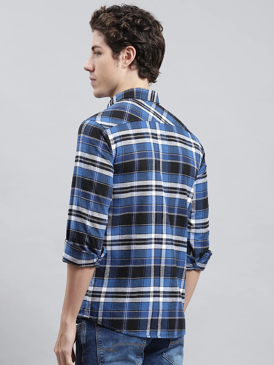 Men Navy Blue Check Shirt - Image 5