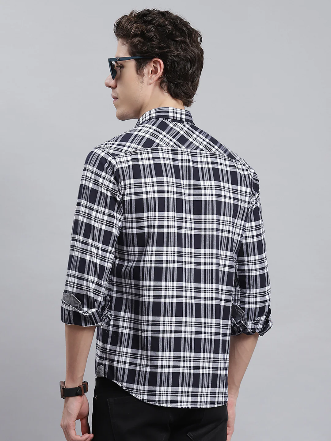 Men Navy Blue Check Shirt - Image 5