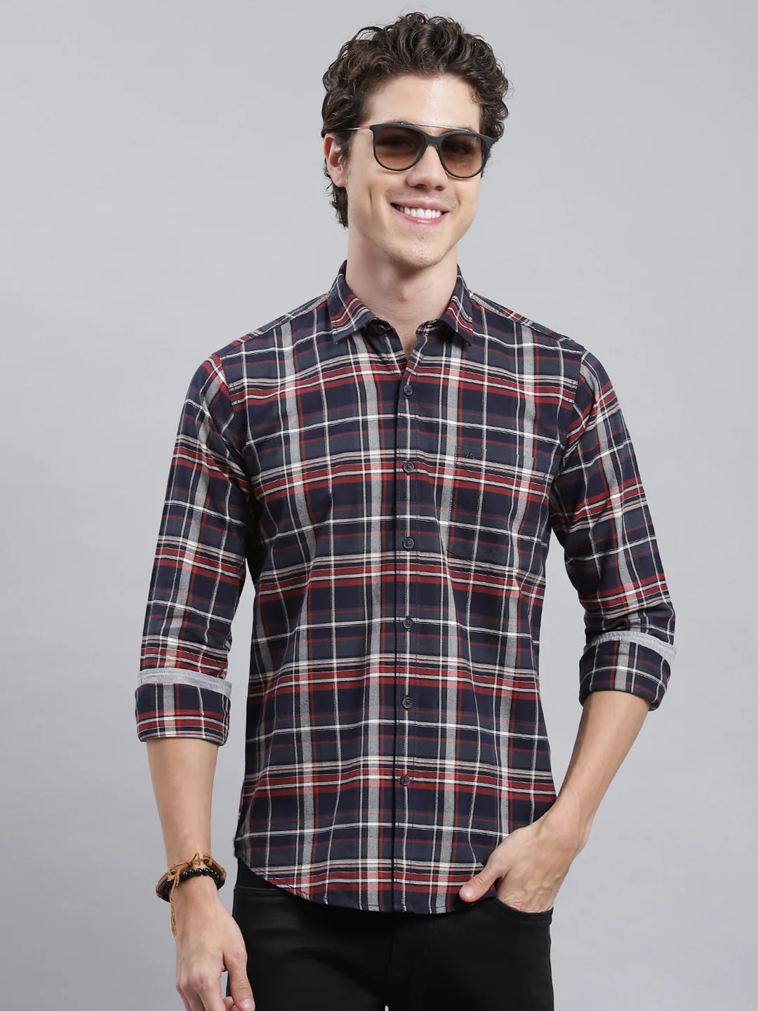Men Navy Blue Check Shirt - Image 2