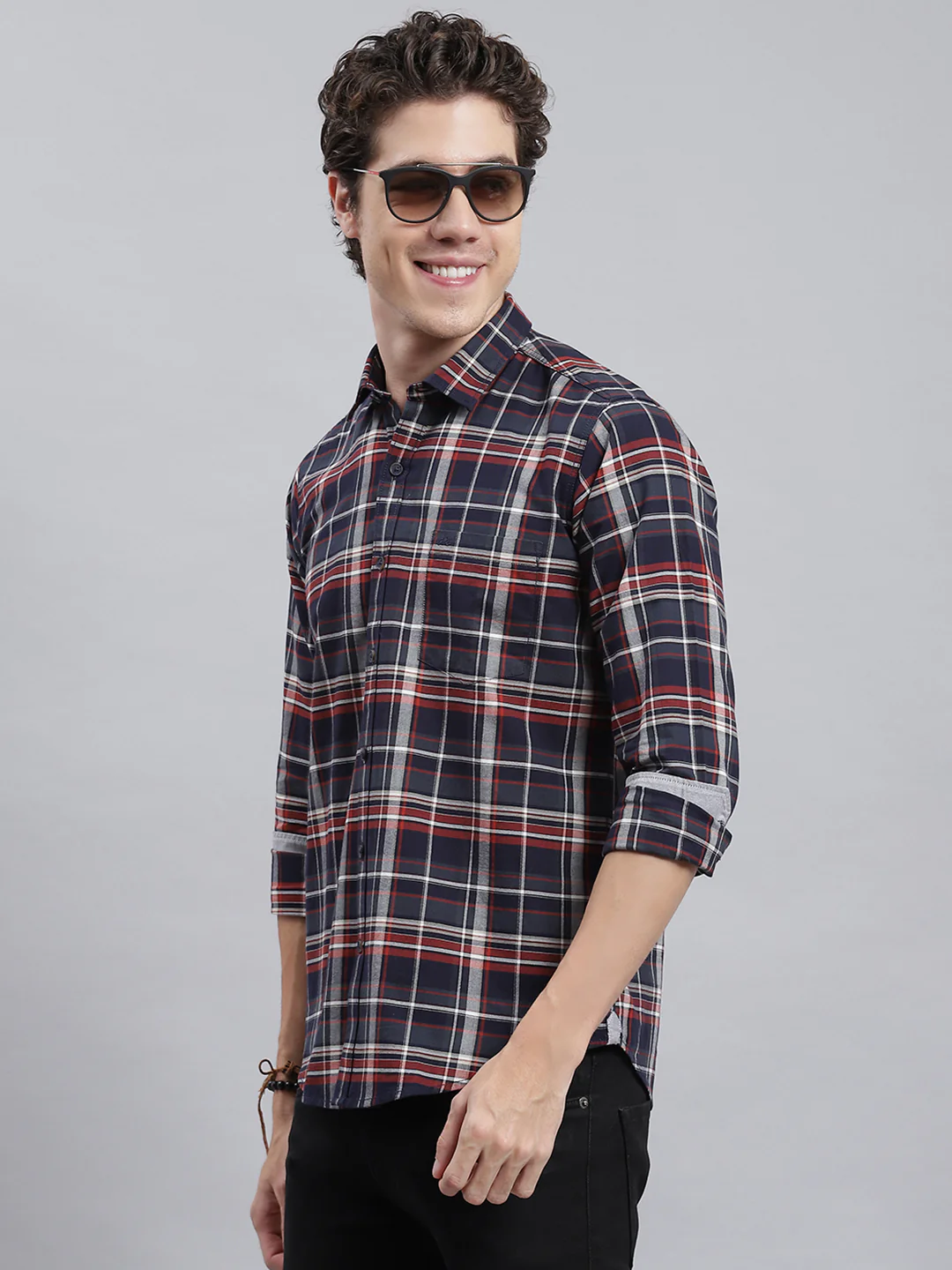 Men Navy Blue Check Shirt - Image 4
