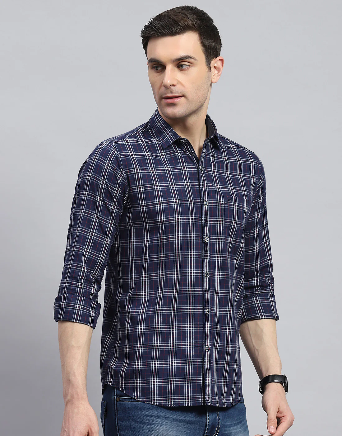 Men Navy Blue Check Spread Collar Full Sleeve Shirt - Image 4