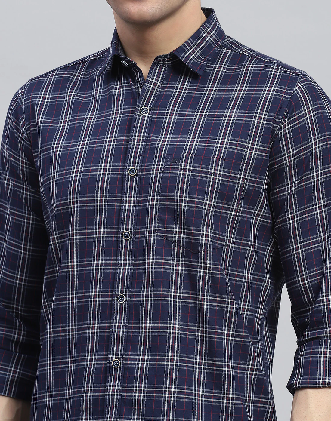 Men Navy Blue Check Spread Collar Full Sleeve Shirt - Image 6
