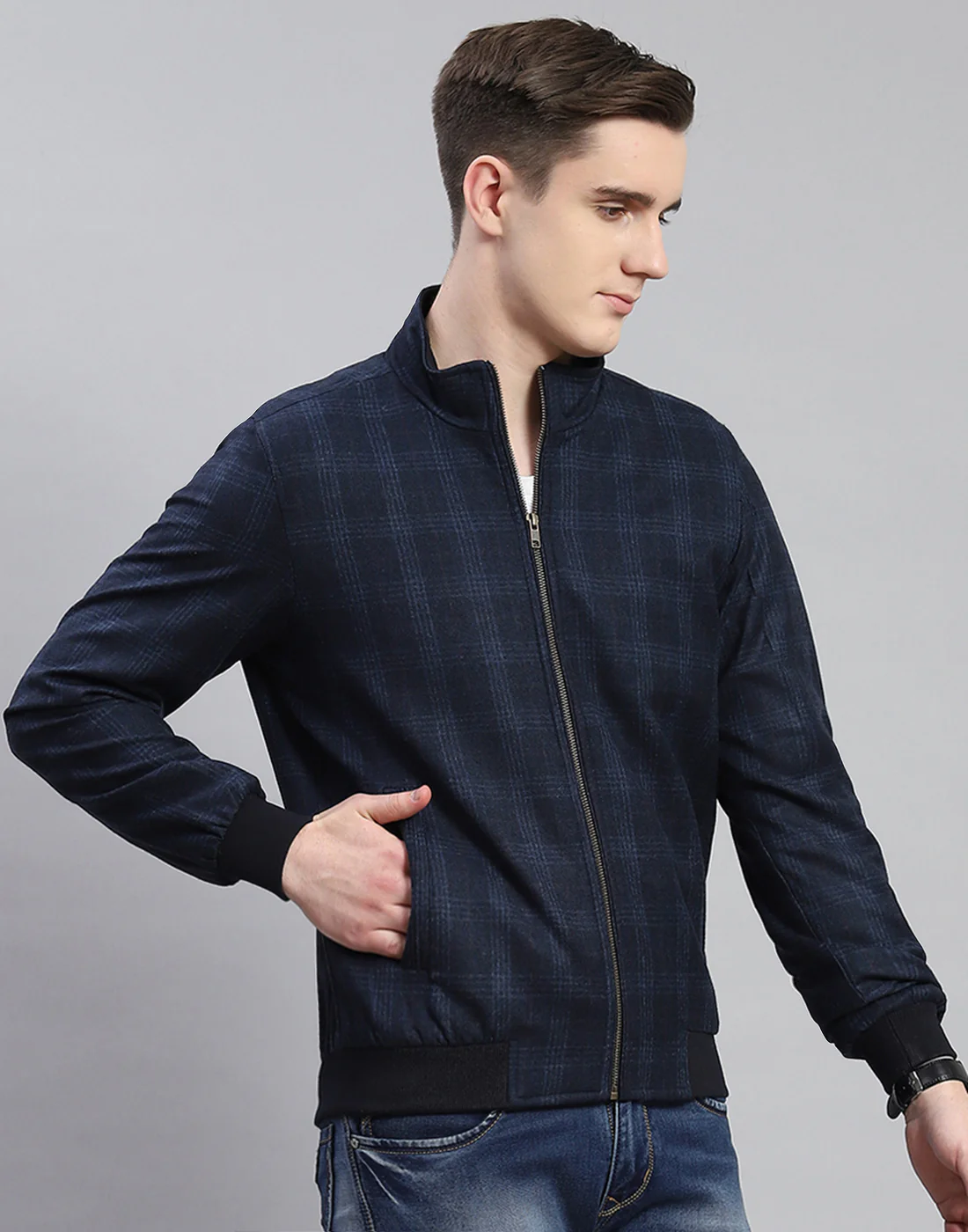 Men Navy Blue Check Stand Collar Full Sleeve Coat - Image 4