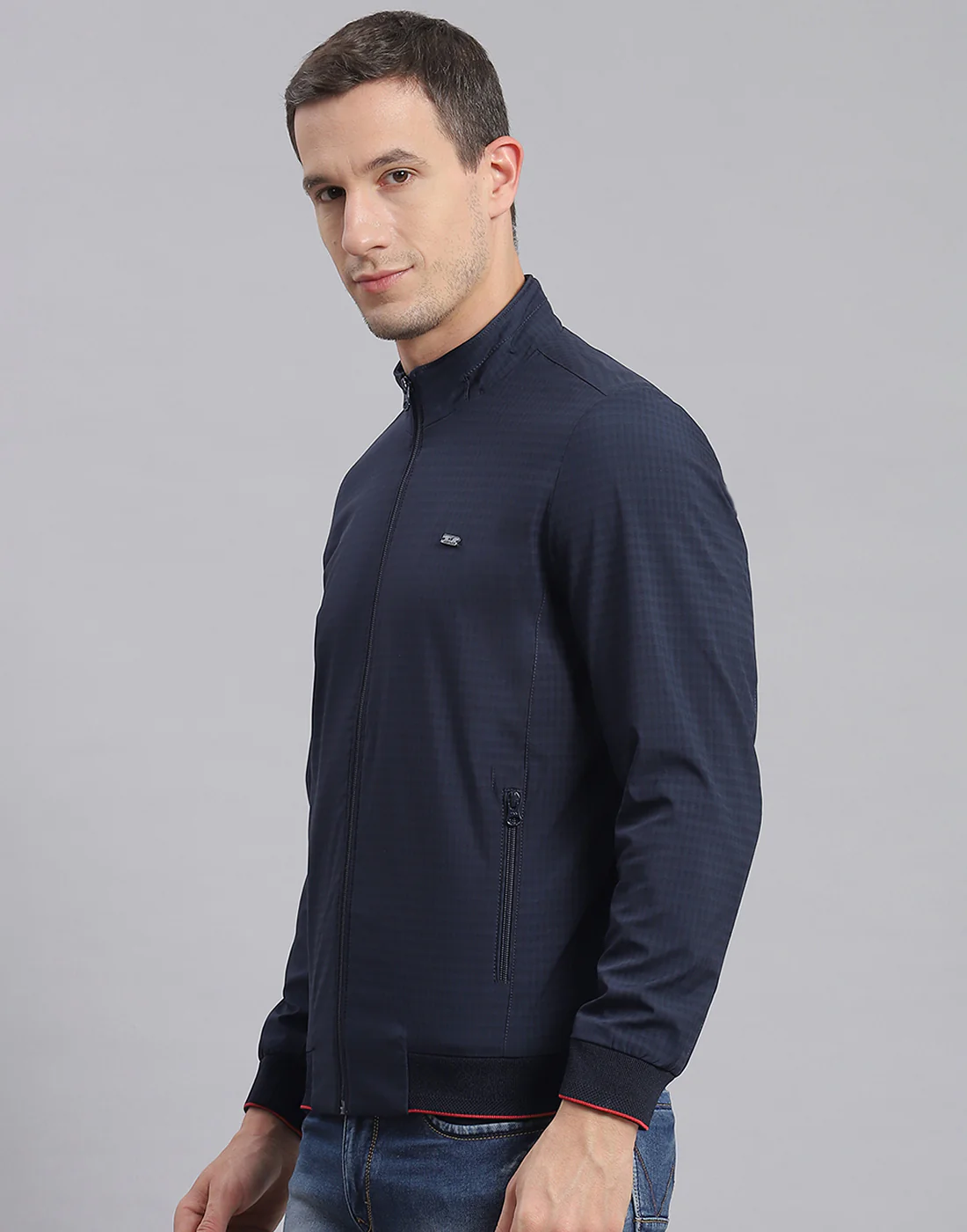 Men Navy Blue Check Stand Collar Full Sleeve Jacket - Image 3