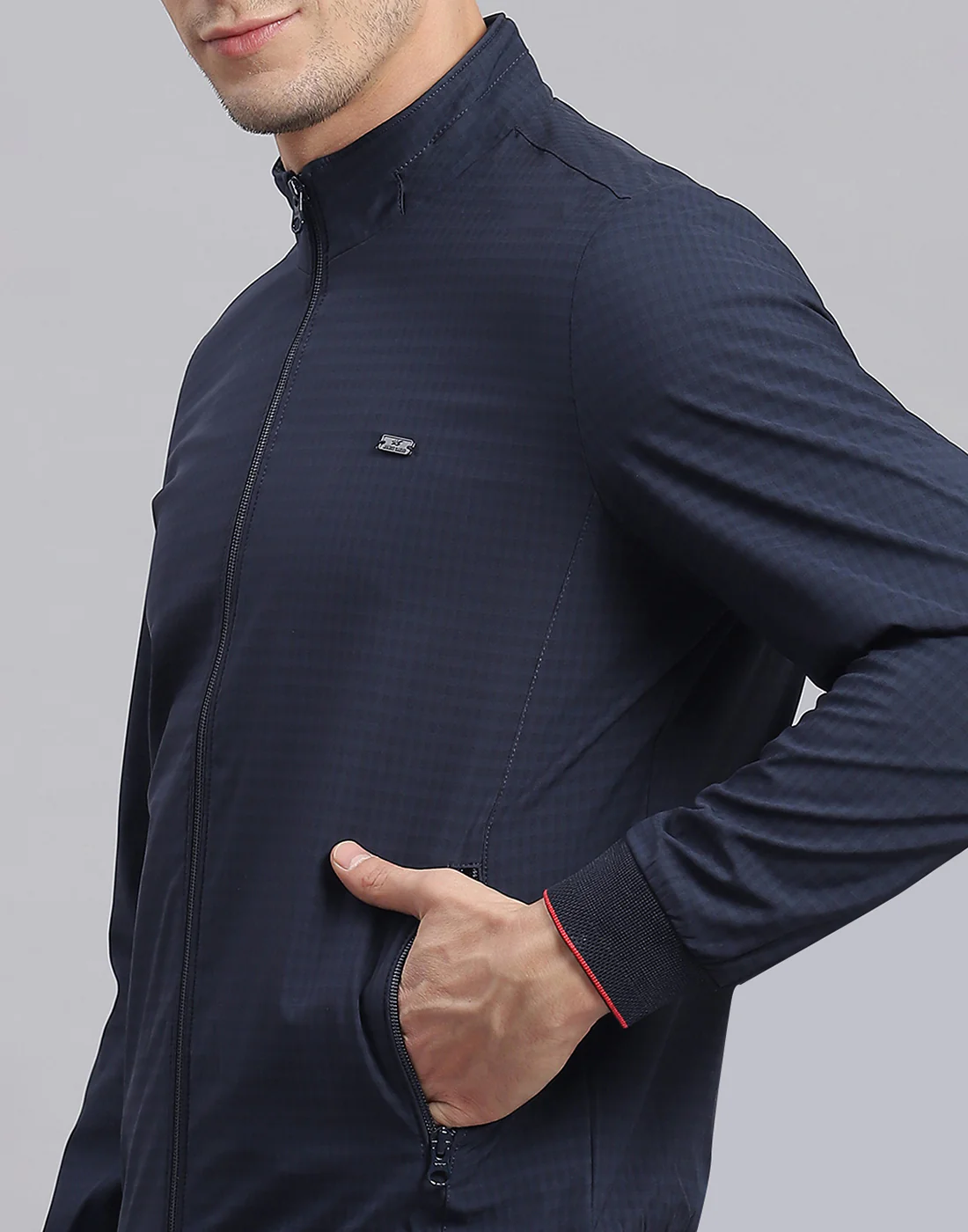 Men Navy Blue Check Stand Collar Full Sleeve Jacket - Image 7