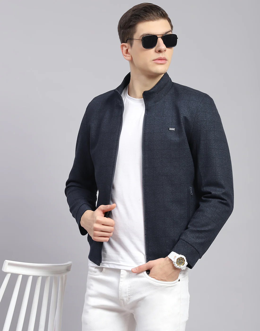 Men Navy Blue Check Stand Collar Full Sleeve Jacket - Image 2