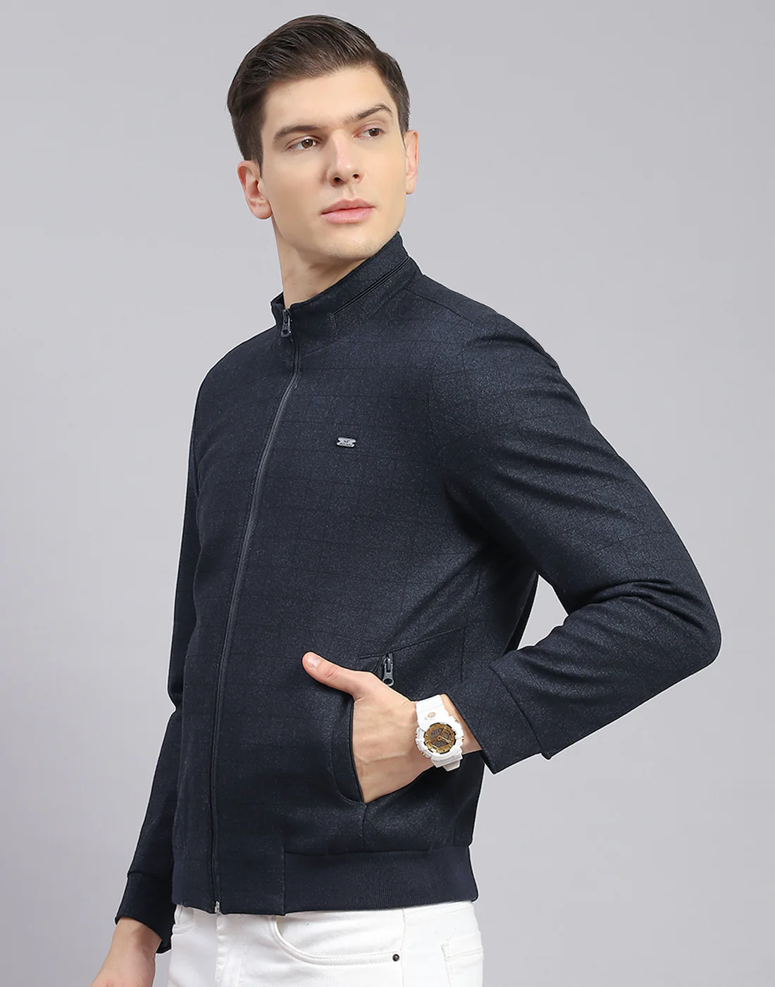 Men Navy Blue Check Stand Collar Full Sleeve Jacket - Image 4