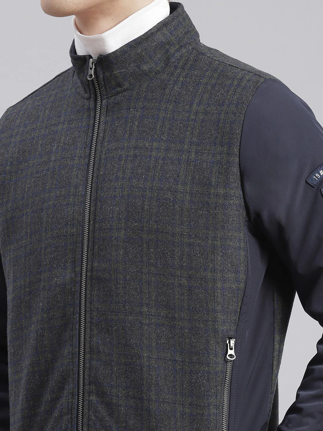 Men Navy Blue Check Stand Collar Full Sleeve Jackets - Image 7