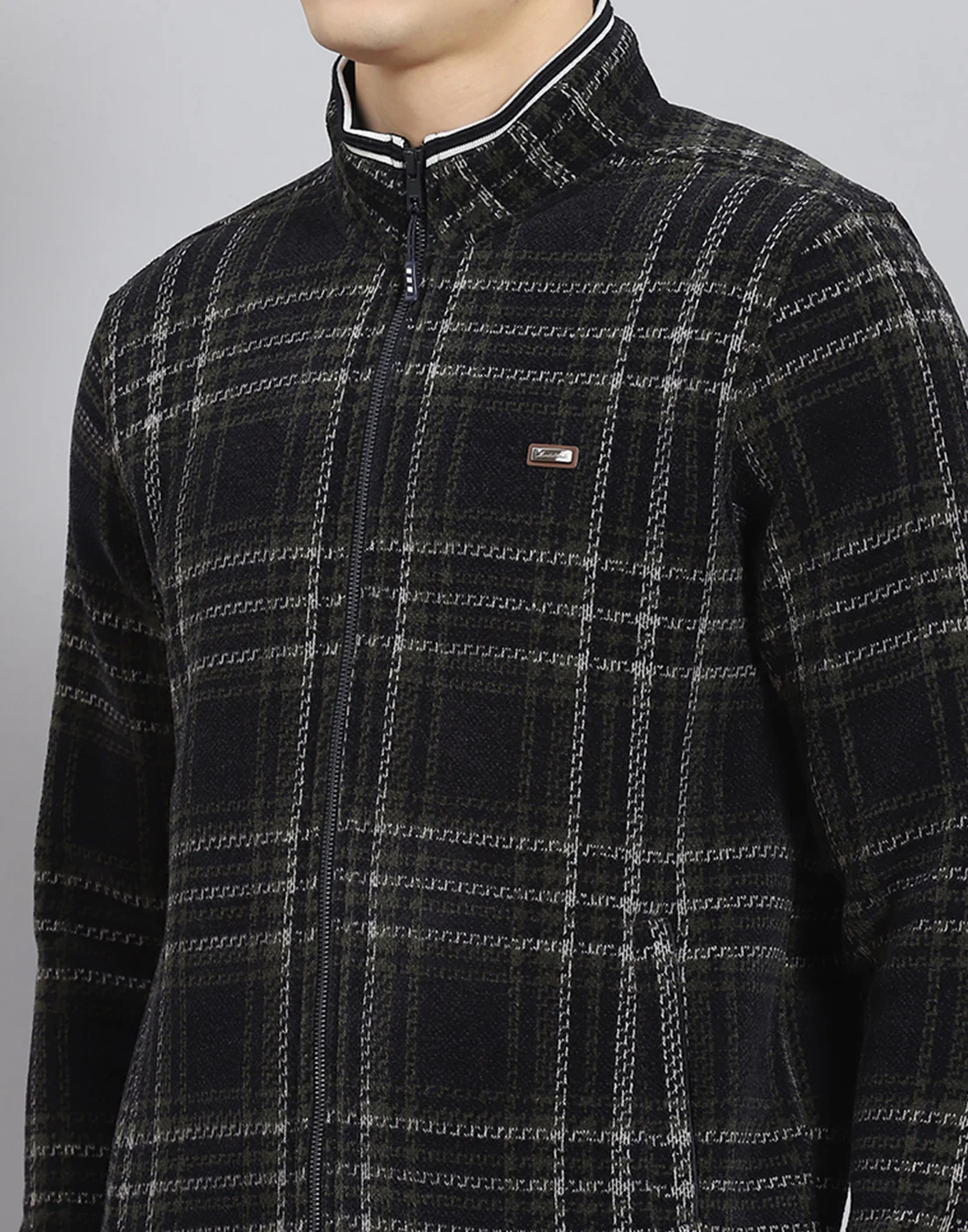 Men Navy Blue Check Stand Collar Full Sleeve Sweatshirt - Image 7