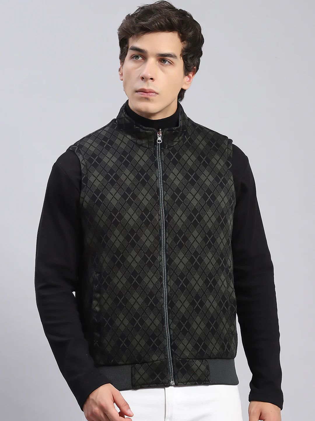 Men Navy Blue Check Stand Collar Sleeveless Jackets - Image 3