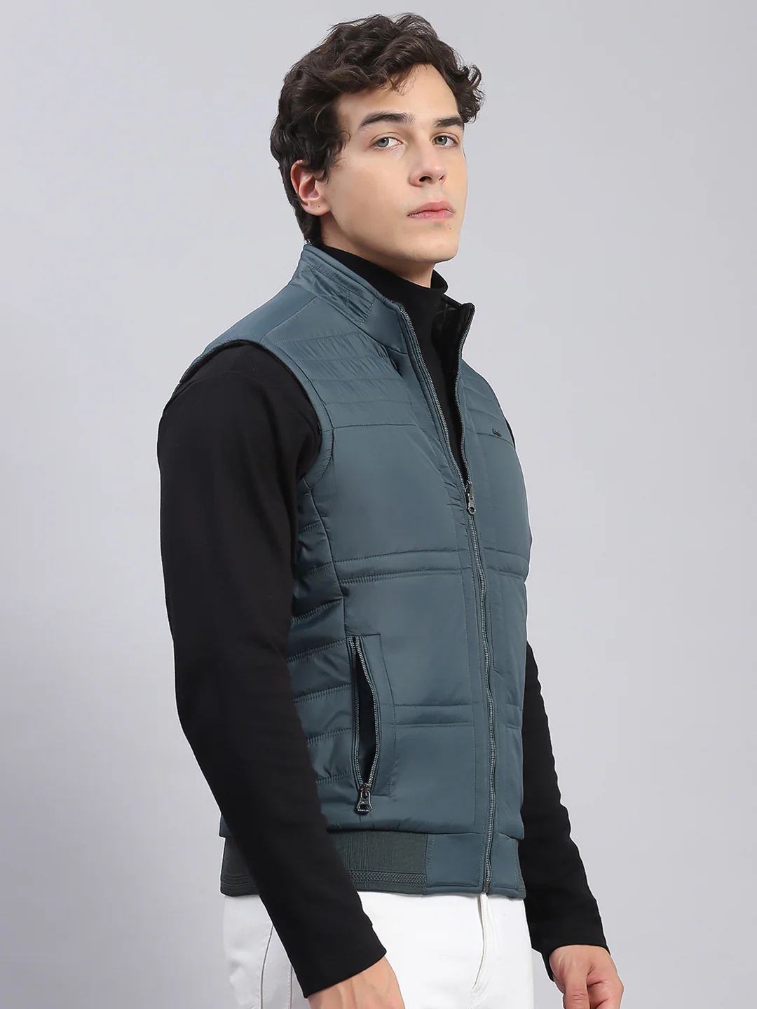 Men Navy Blue Check Stand Collar Sleeveless Jackets - Image 5