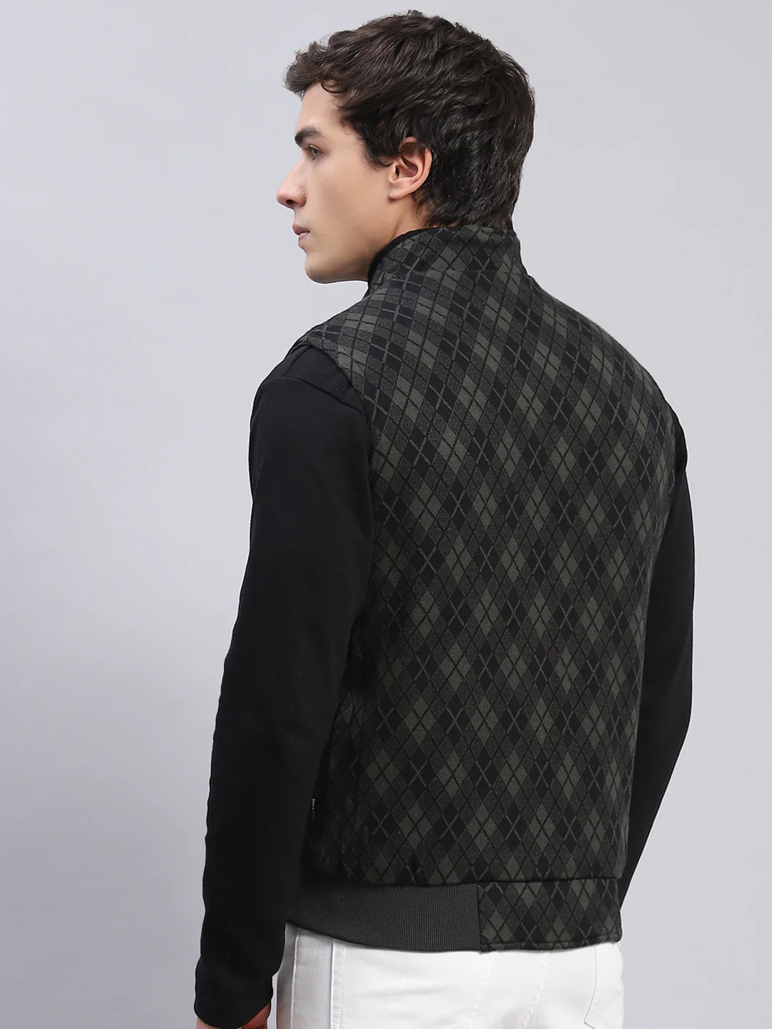 Men Navy Blue Check Stand Collar Sleeveless Jackets - Image 6