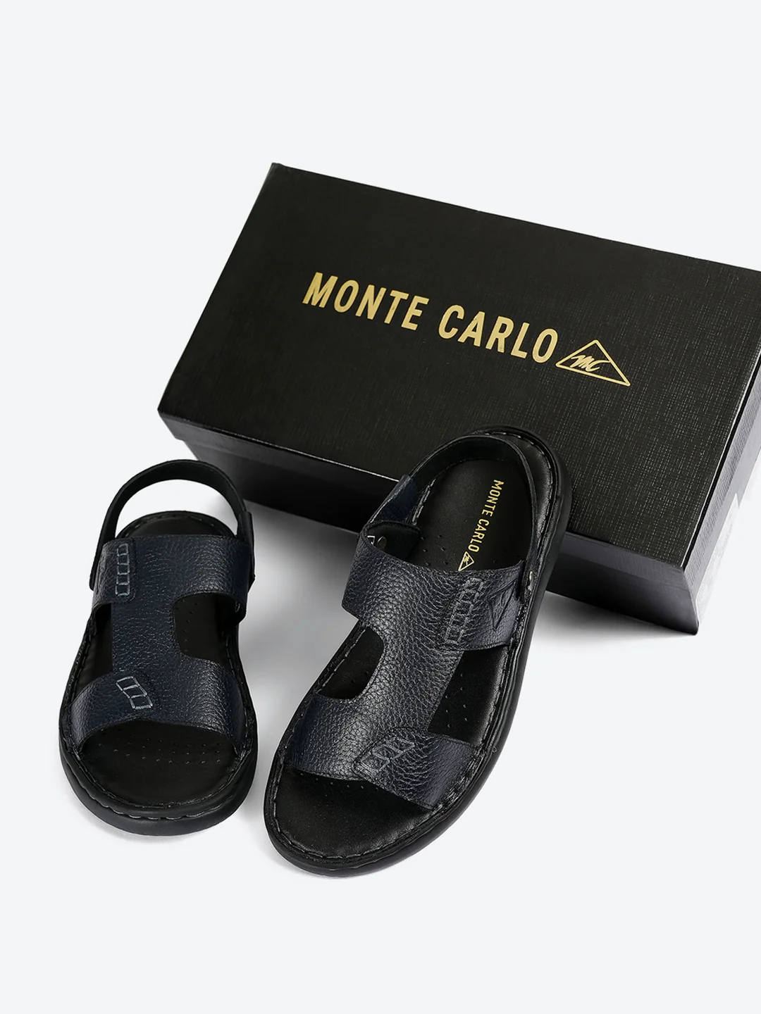 Men Navy Blue Elastic Genuine Leather Sandals - Image 2